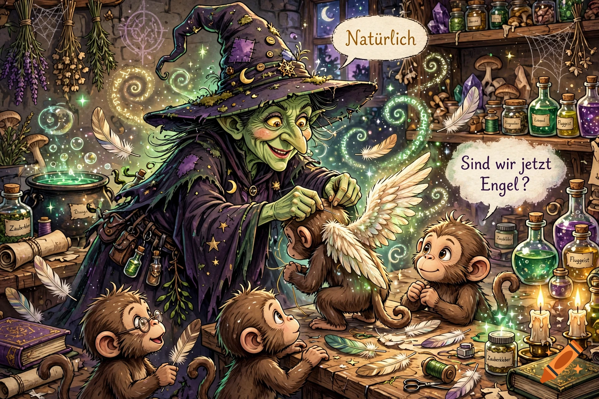 Cartoon illustration of a green-faced witch attaching wings to a monkey in a potion-filled workshop while other monkeys watch.