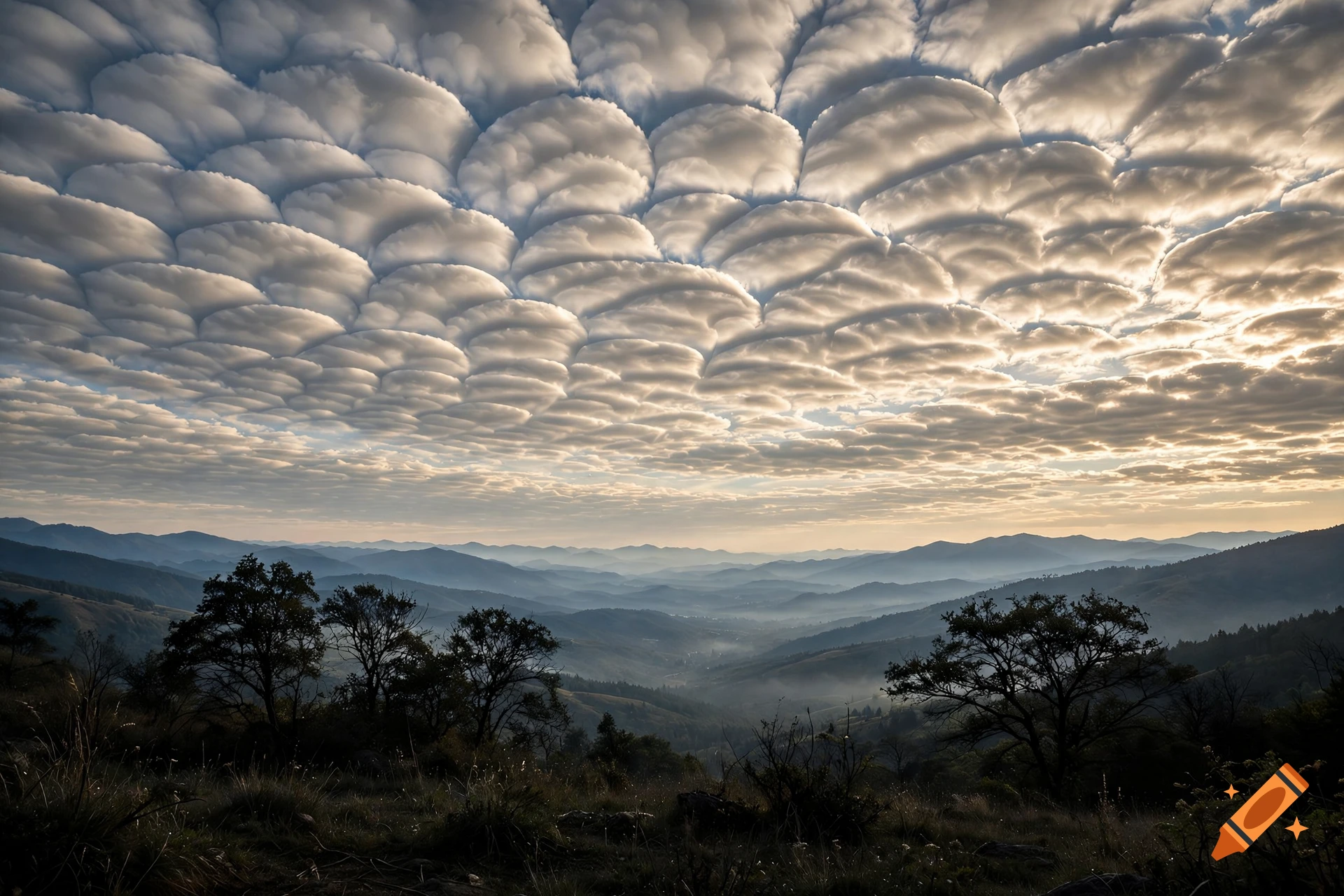 A scenic landscape view of mountains with a dramatic cloud formation resembling scales covering the sky.