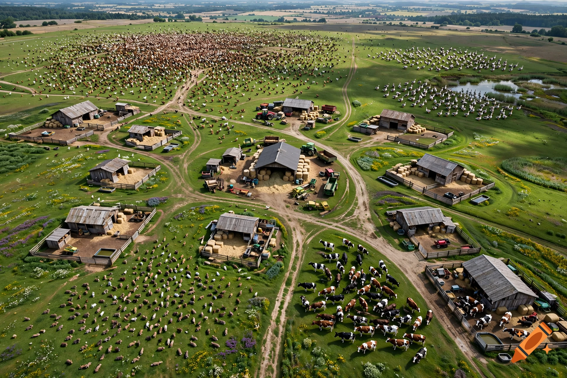 Aerial view of a vast green countryside dotted with multiple barns, a herd of cows, and thousands of chickens and geese.
