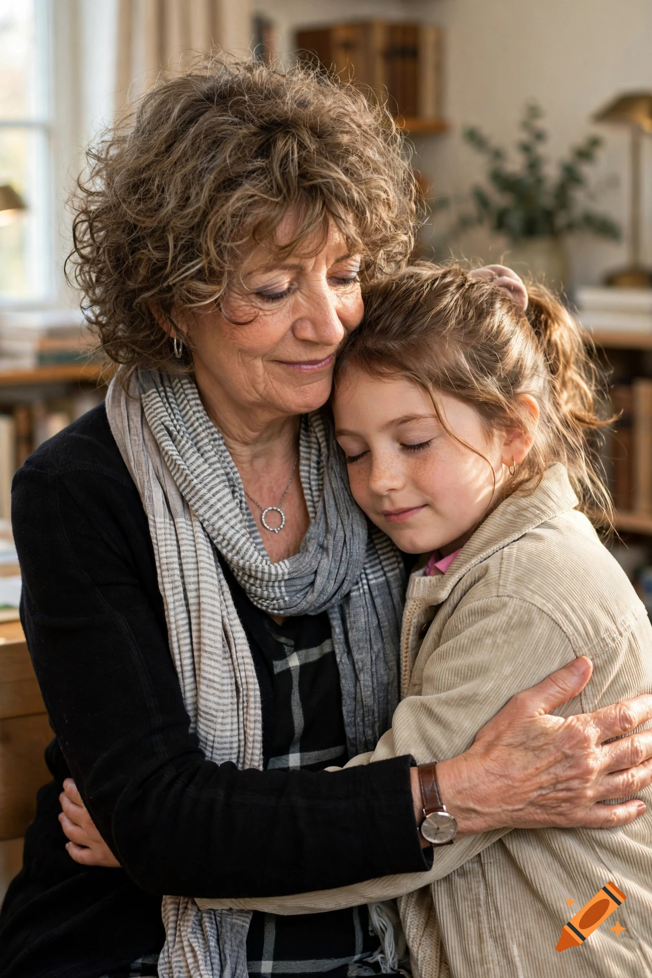 An older woman with curly hair hugging a young girl with freckles in a sunlit indoor setting, photorealistic style.
