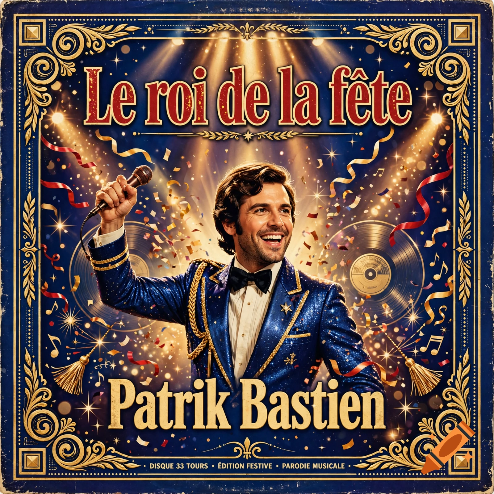 Vintage style album cover featuring a smiling male singer in a sparkling blue tuxedo holding a microphone.