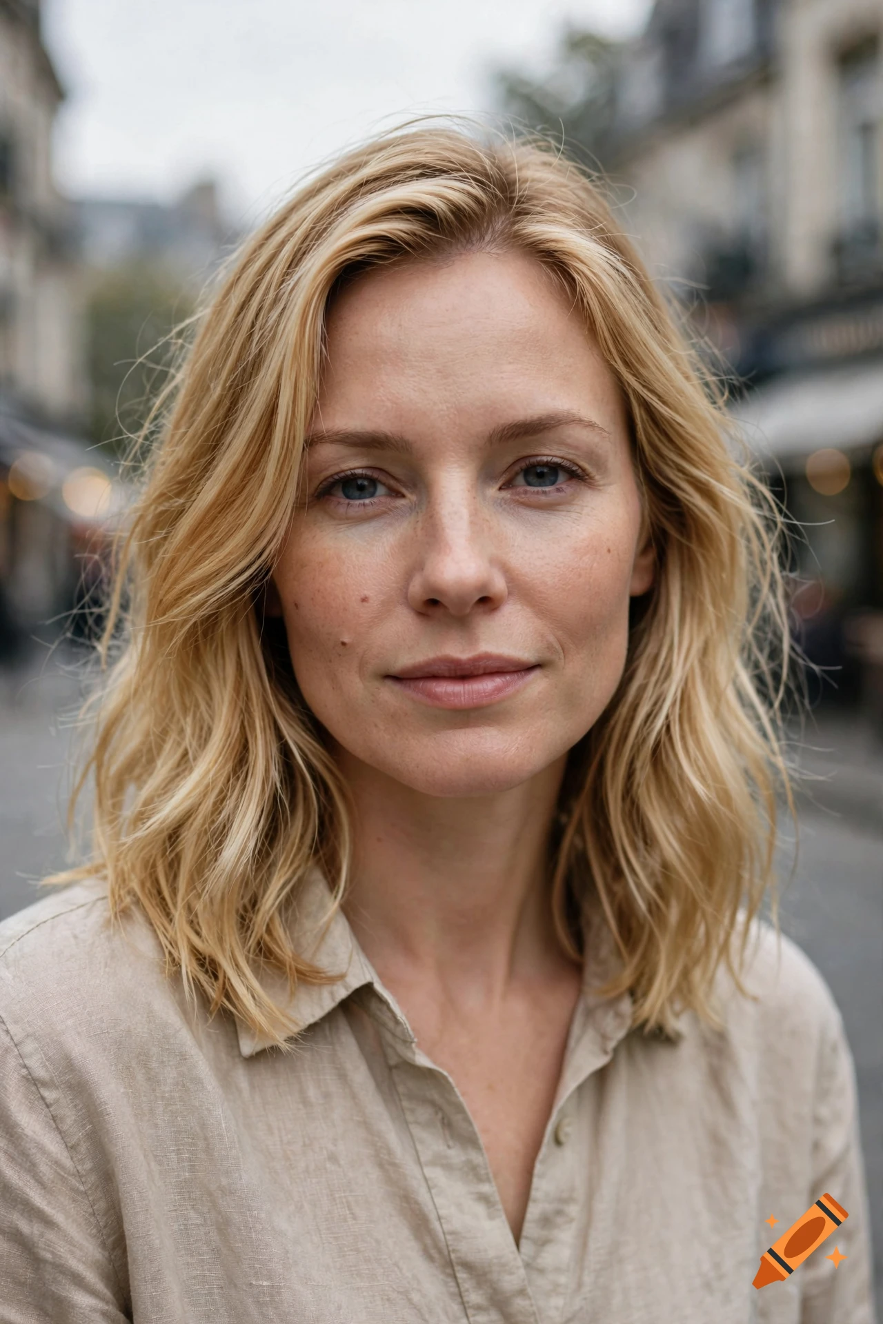 Close-up photorealistic portrait of a blonde woman with blue eyes and light freckles, wearing a beige linen shirt outdoors.