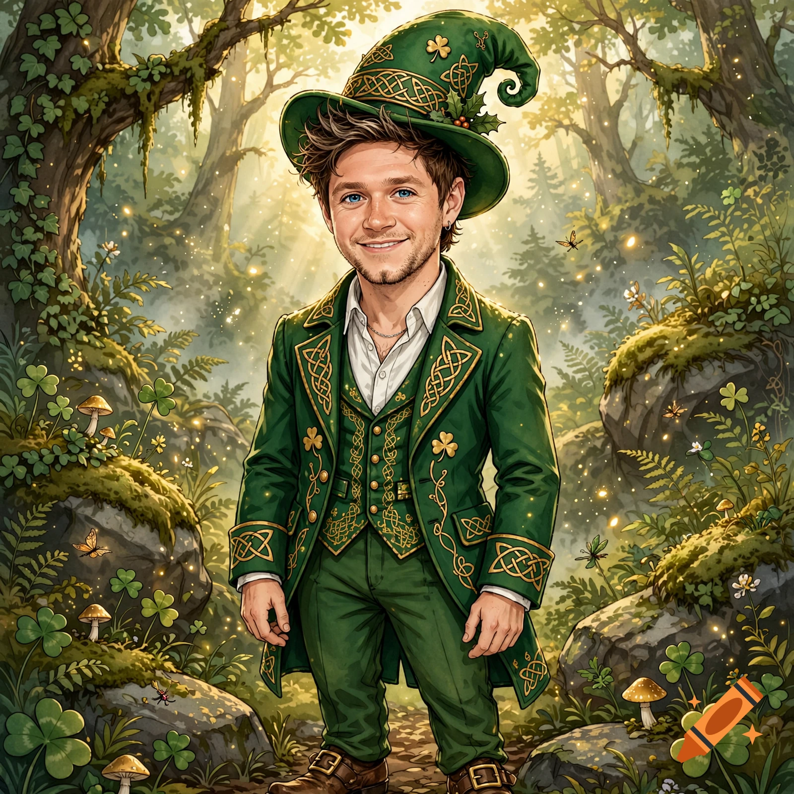 Cartoon-style portrait of Niall Horan dressed as a leprechaun standing in a magical forest.