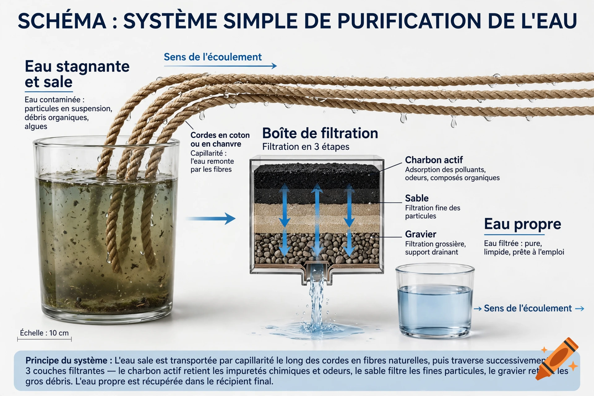 Educational diagram in French showing a simple water purification system using ropes, gravel, sand, and activated charcoal.