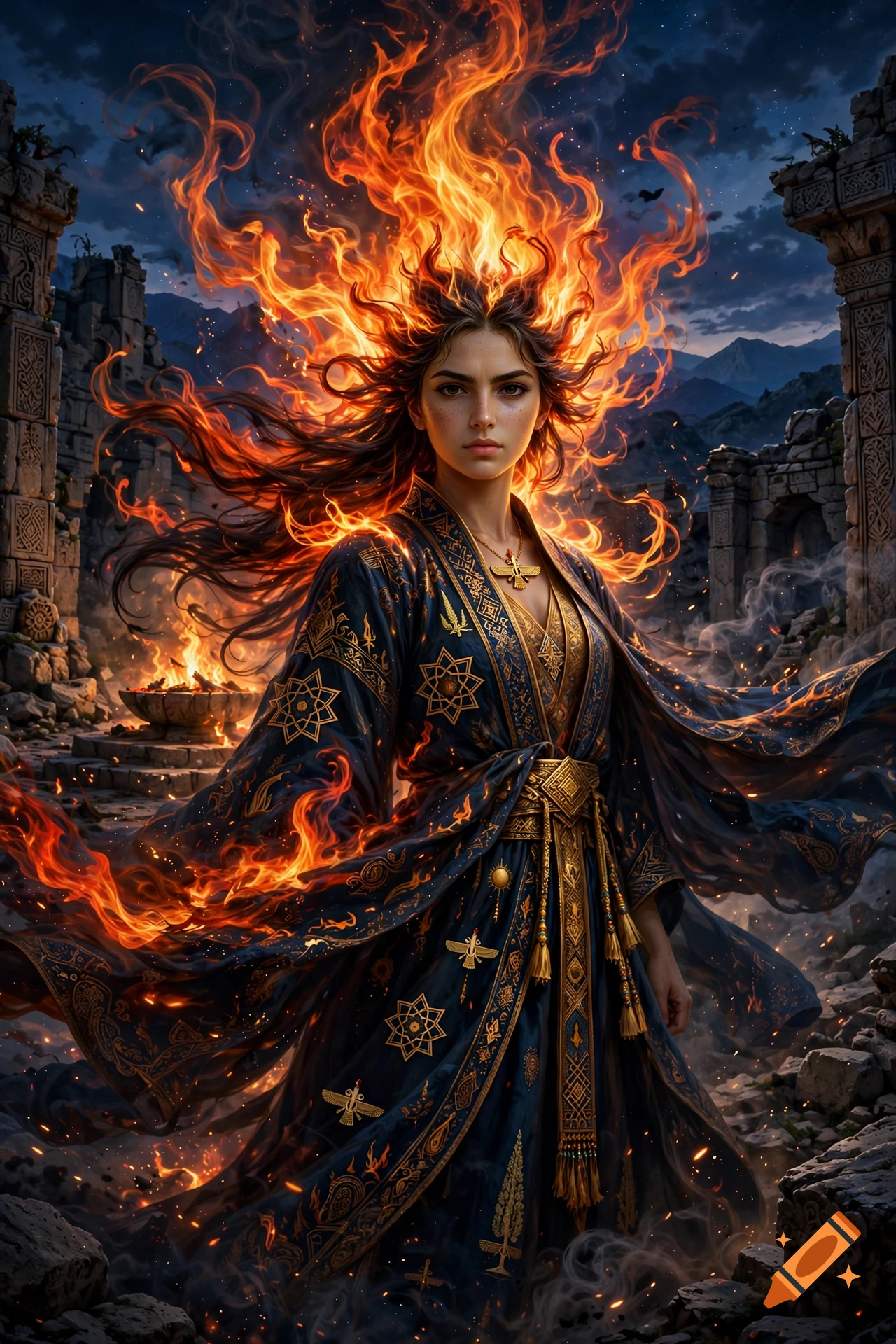 A digital painting of a Zoroastrian legendary woman with hair made of bright orange and yellow flames, wearing ornate dark robes amidst ancient ruins.