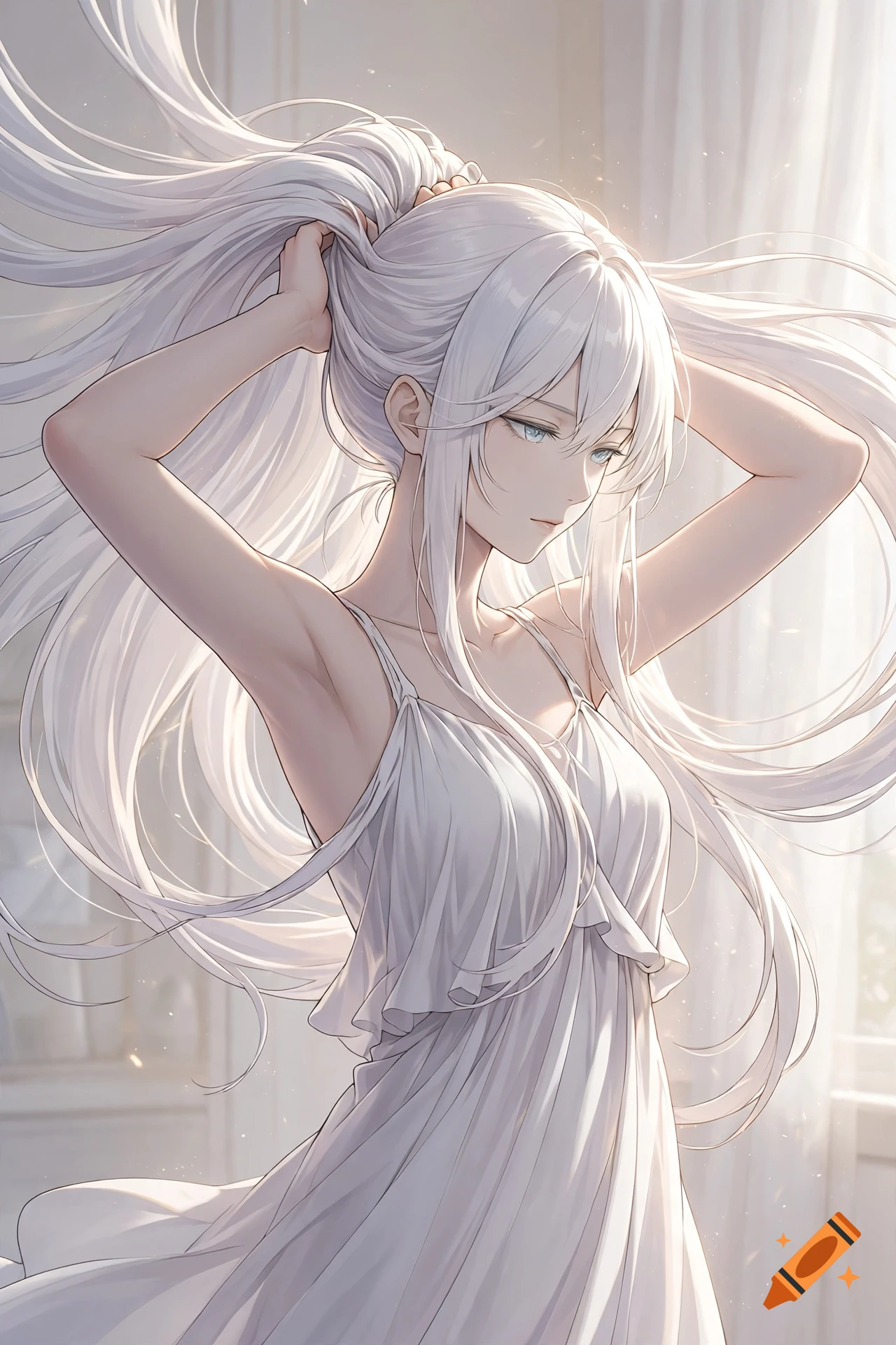 Anime style illustration of a refined girl with white hair wearing a white sleeveless loungewear dress, lifting her hair upwards.