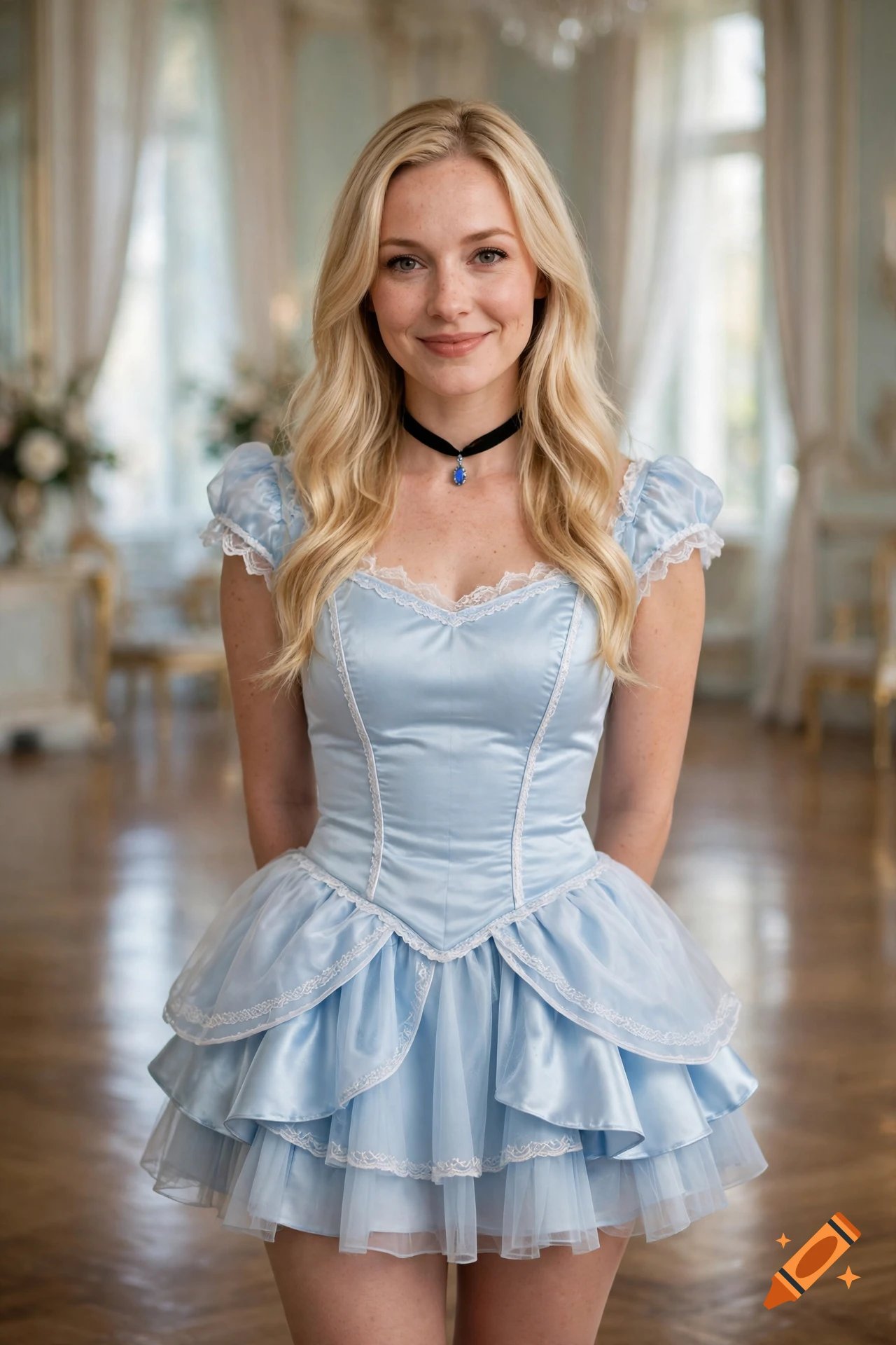 Photorealistic portrait of a smiling blonde woman wearing a light blue mini Cinderella costume and a black choker.