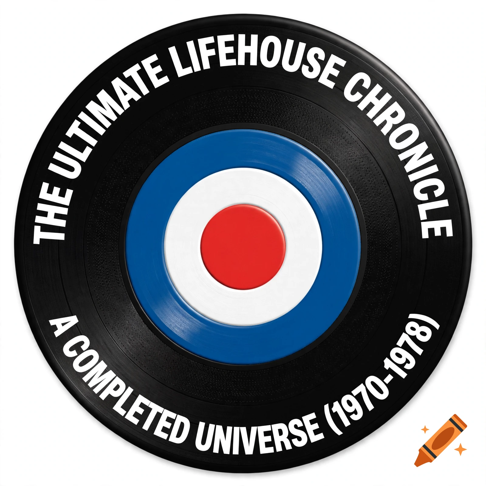 A round black vinyl record sticker featuring a Mod target logo in blue, white, and red, with bold white text reading 'THE ULTIMATE LIFEHOUSE CHRONICLE' and 'A COMPLETED UNIVERSE (1970-1978)'.