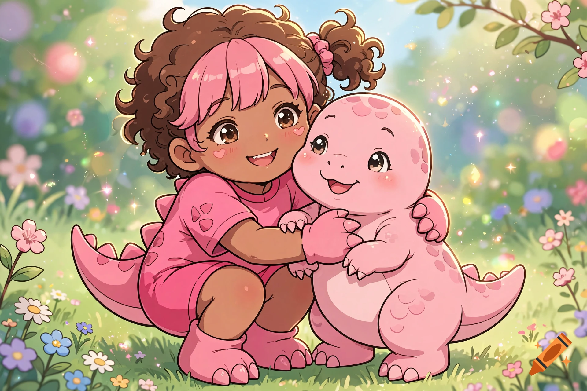 Anime girl with curly brown hair and pink dinosaur costume hugging a small pink dinosaur in a sunny garden.