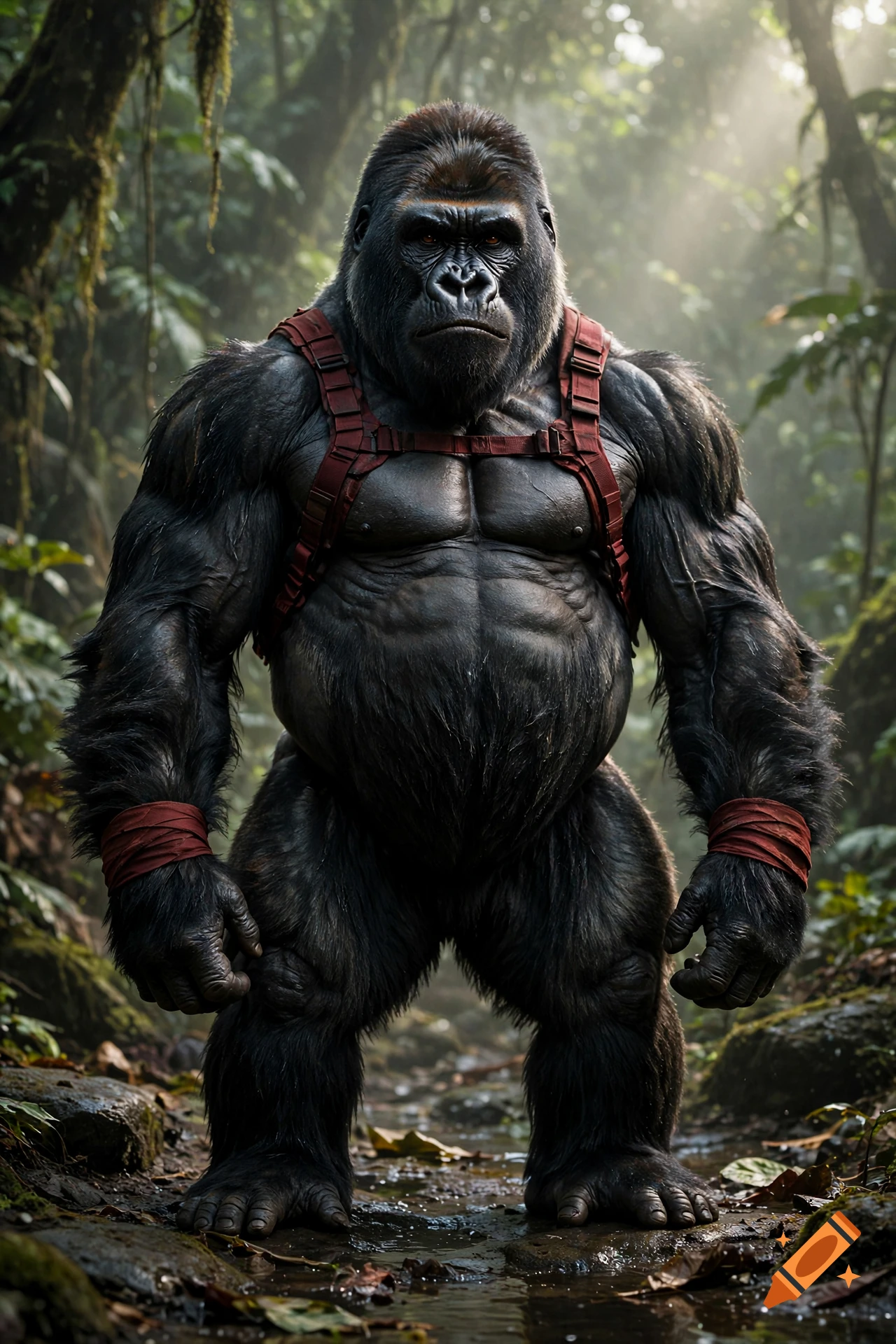 Photorealistic image of a muscular gorilla wearing red straps and wristbands standing in a jungle.