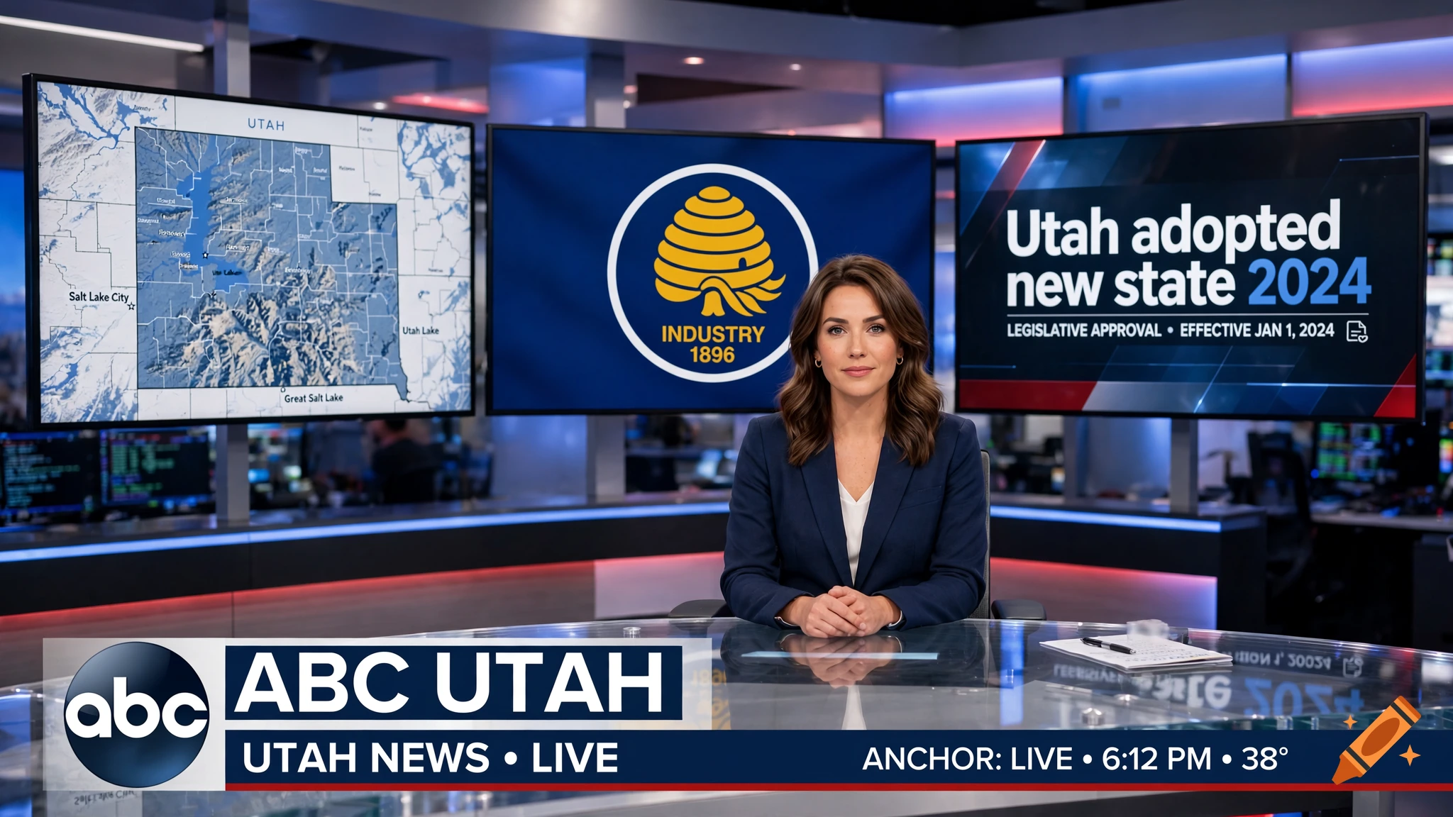 Photorealistic newsroom set with a female anchor sitting at a desk with screens displaying maps and text.