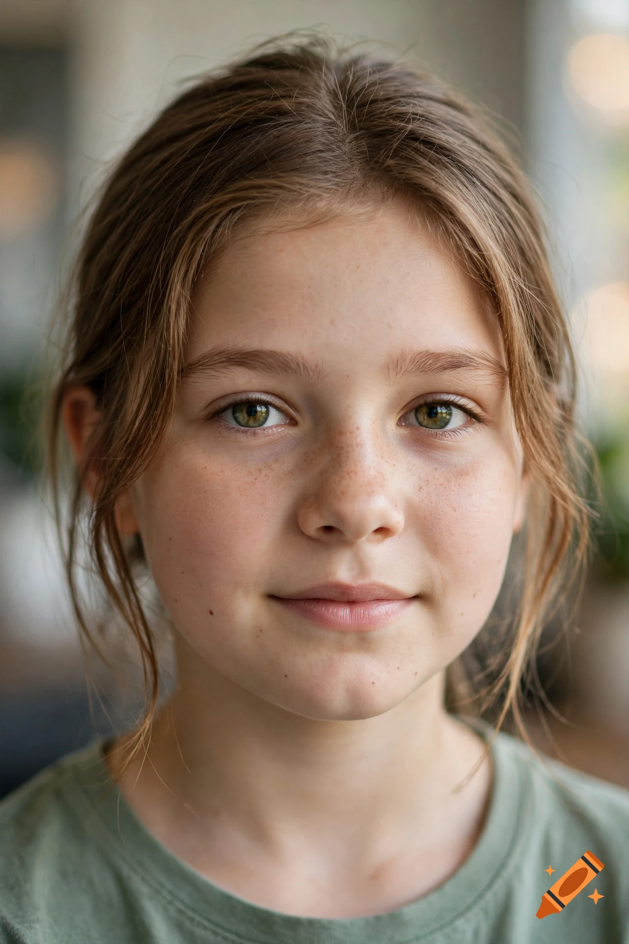 Close-up portrait of a 12-year-old girl with green eyes and freckles, photorealistic style.