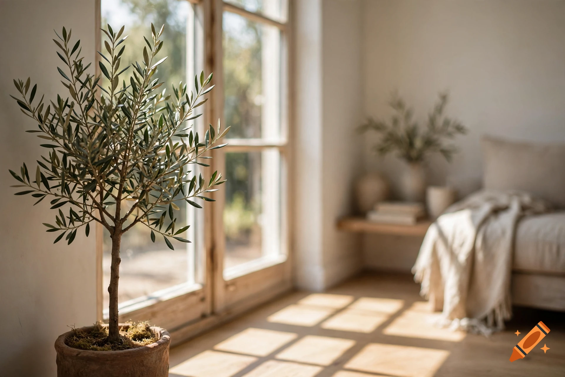 Photorealistic indoor scene with a potted olive tree in the foreground near a large window casting sunlight onto a wooden floor.