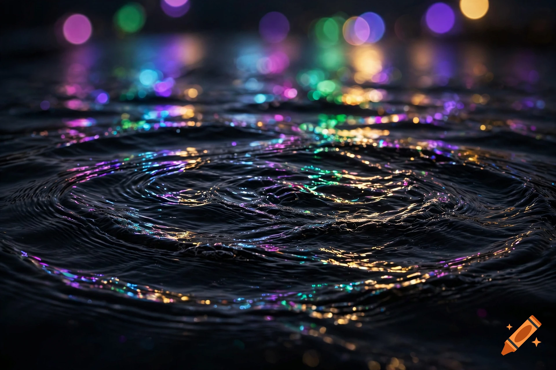Close-up of ripples in dark water reflecting colorful, iridescent bokeh lights.