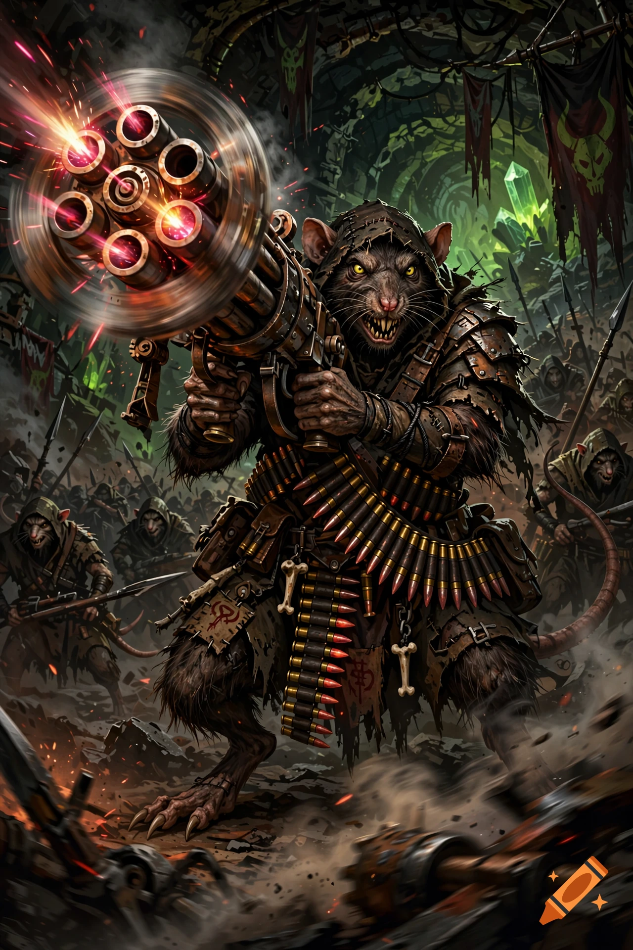 A skaven ratman in armor firing a large gatling gun in a chaotic underground cavern, digital art.
