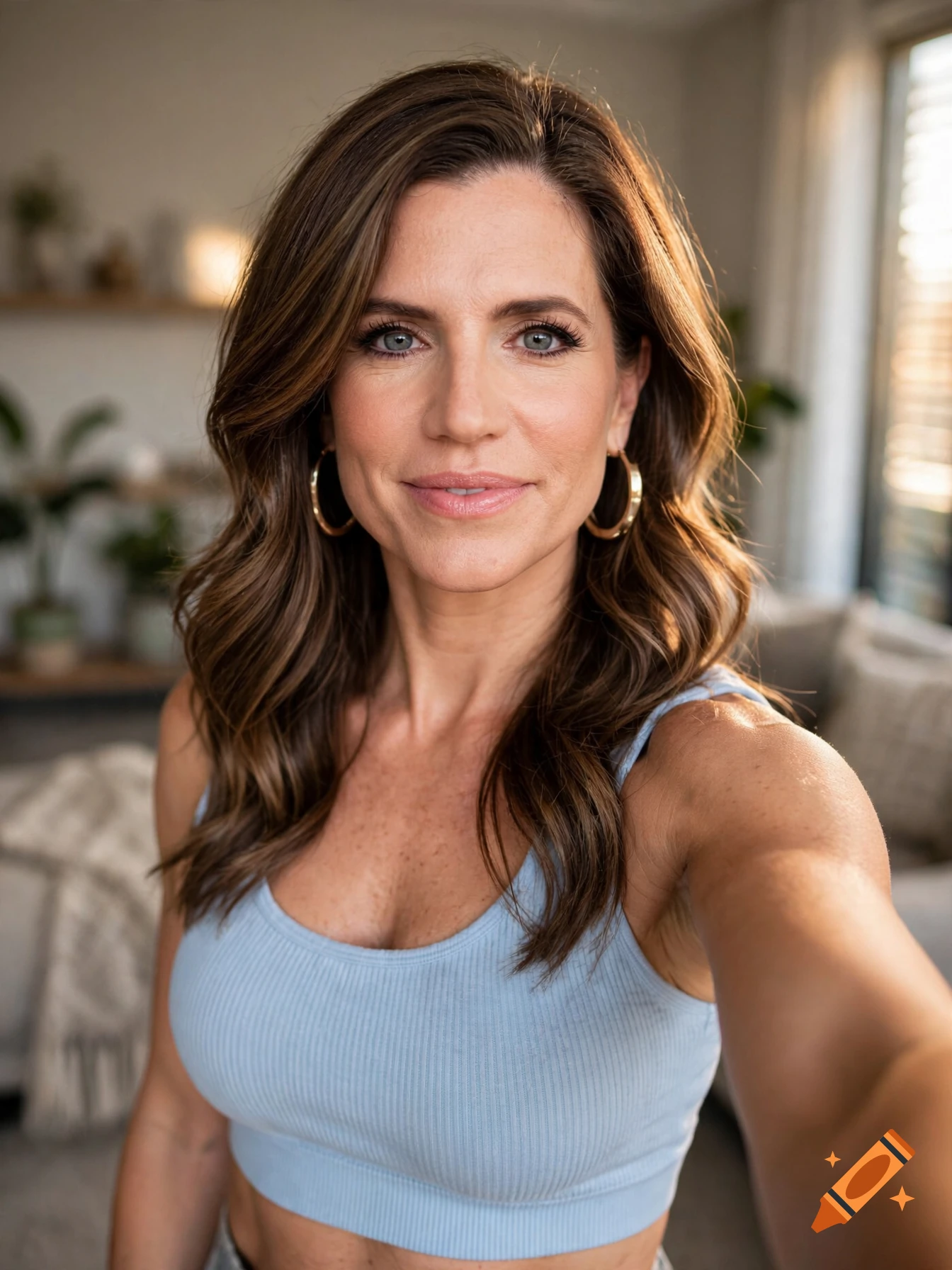 Photorealistic selfie of a woman with brown hair, wearing a light blue crop top and hoop earrings, indoors.
