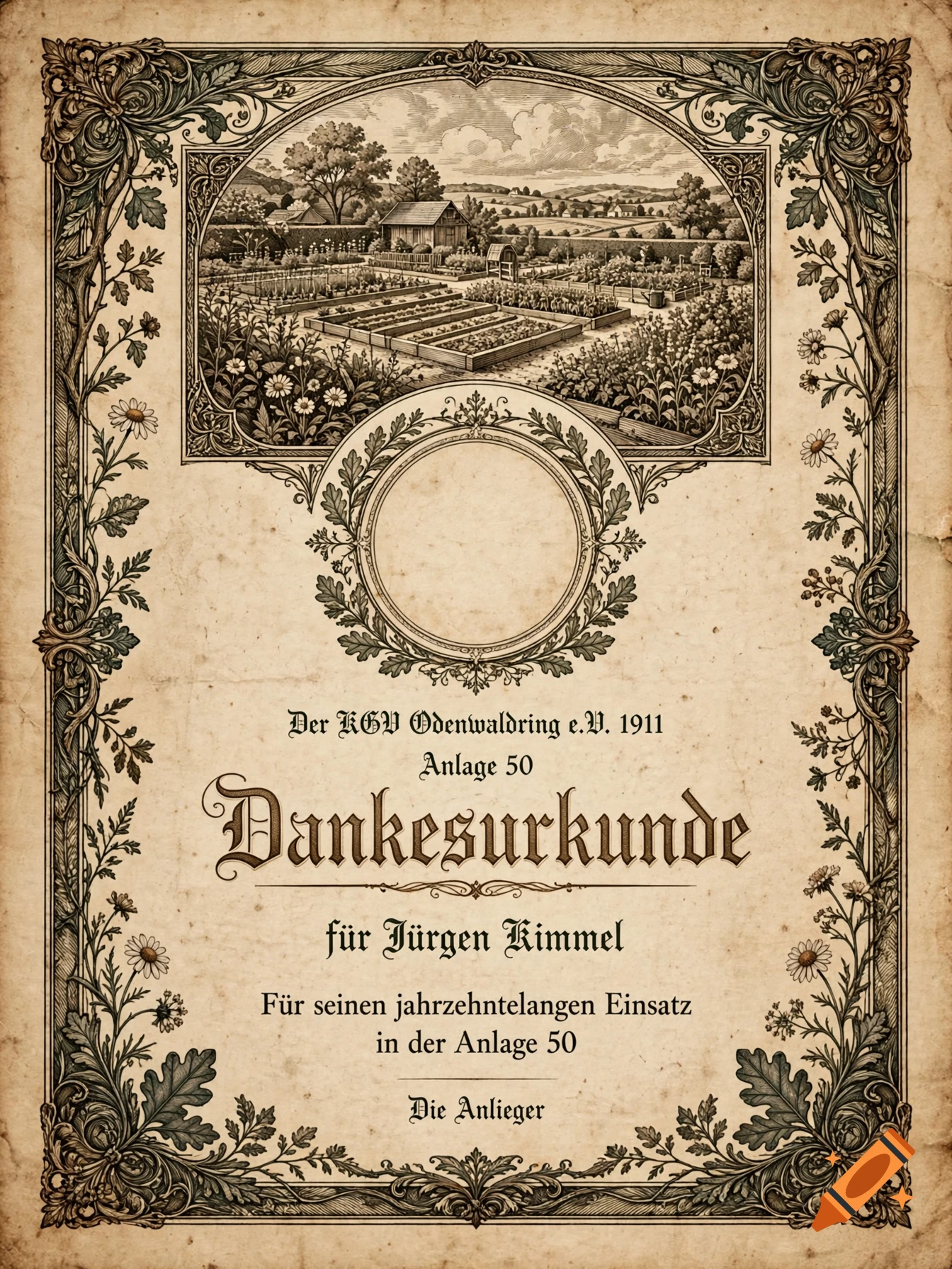 Vintage certificate with ornamental border, illustrated garden scene vignette, and German text.