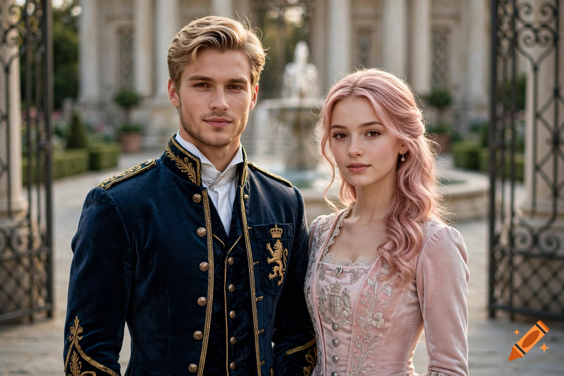 Photorealistic portrait of a young blonde prince and a princess with light pink hair standing outdoors in front of a fountain.