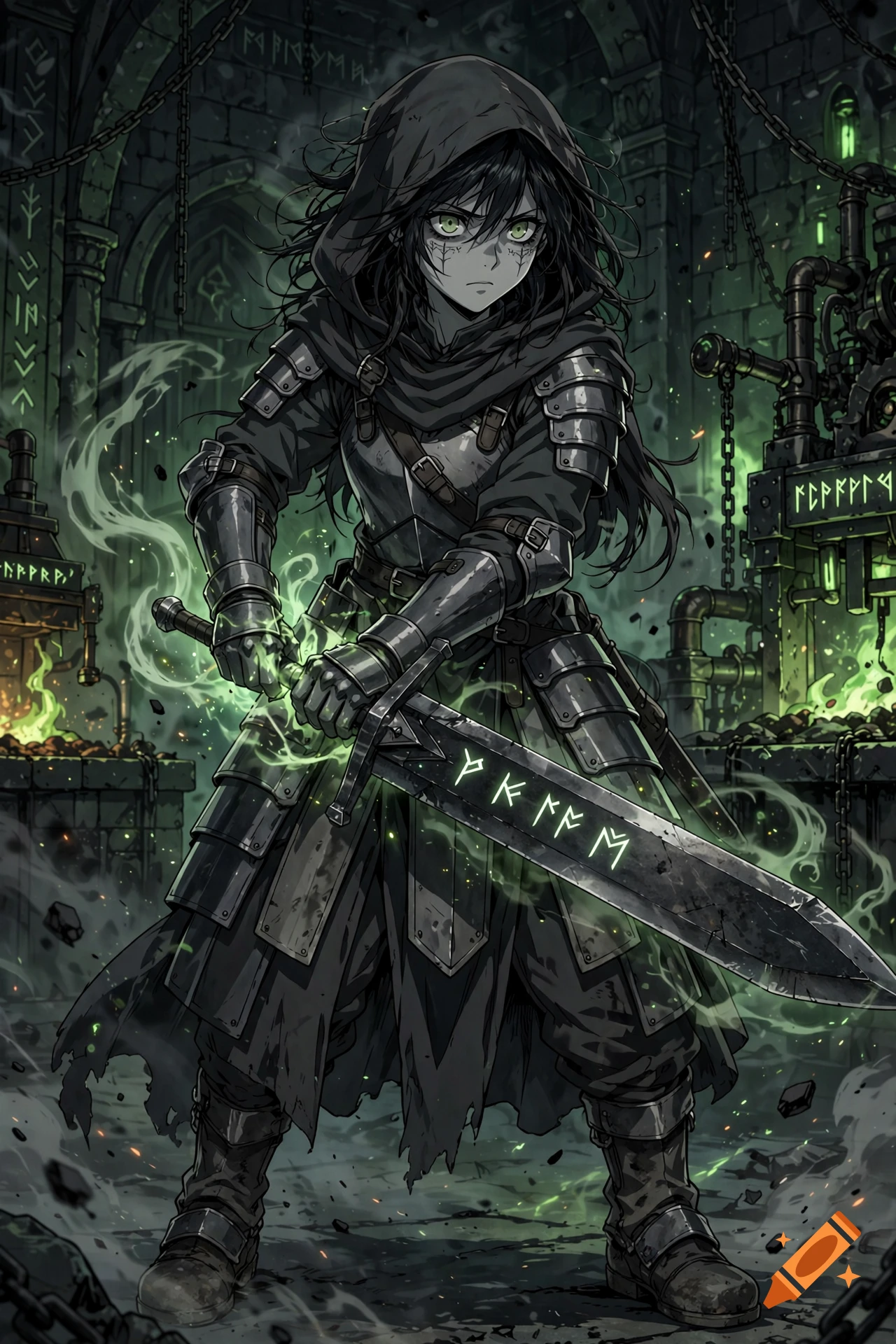2D anime fantasy illustration of a young human woman death knight in dark plate armor holding a glowing rune greatsword in a gothic stone room.