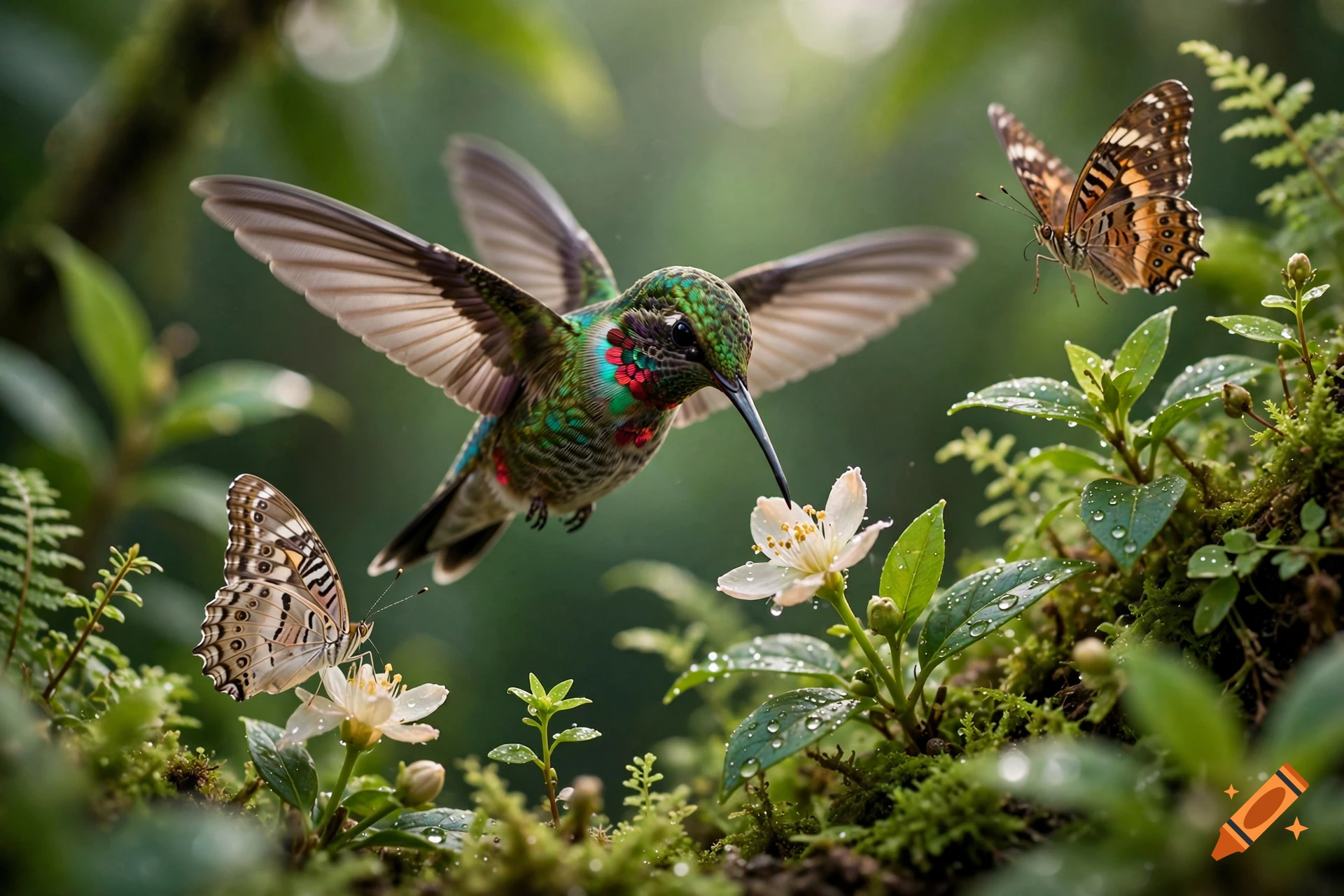 Photorealistic image of a hummingbird hovering near a white flower, surrounded by two butterflies and lush green moss with dewdrops.