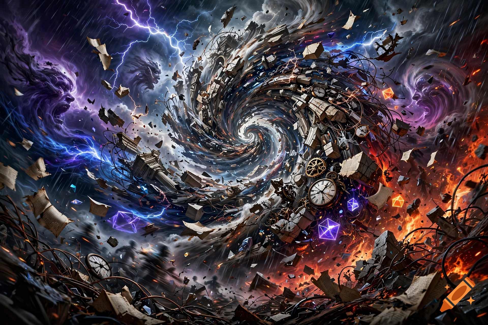 A chaotic vortex of flying books, clocks, debris, and lightning under a stormy sky.
