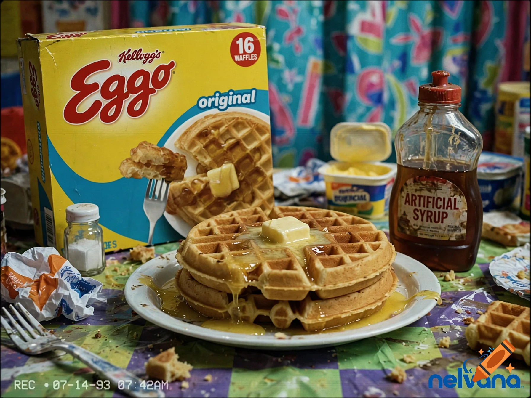 Photorealistic image of a stack of waffles with butter and syrup next to an Eggo box and syrup bottle on a table.