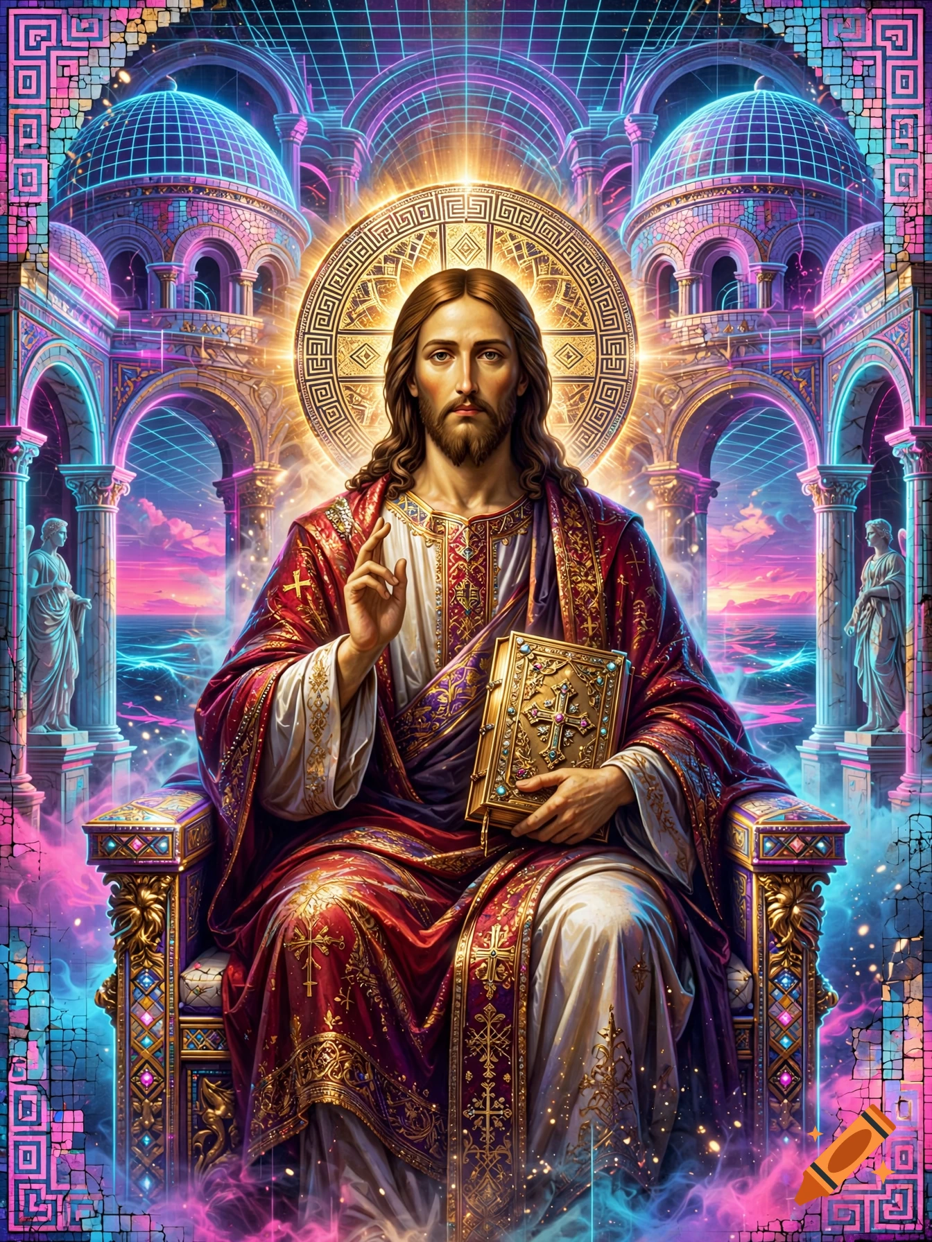 Vaporwave Byzantine painting of Jesus holding a book, seated on a throne in a futuristic neon palace.