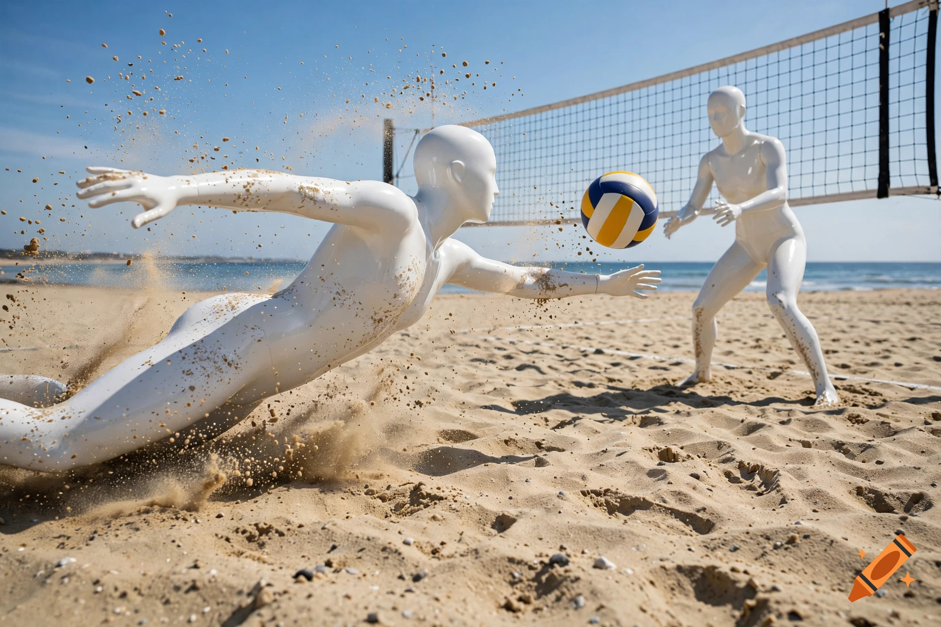 Photorealistic action shot of two glossy white plastic mannequins playing beach volleyball on a sunny beach.