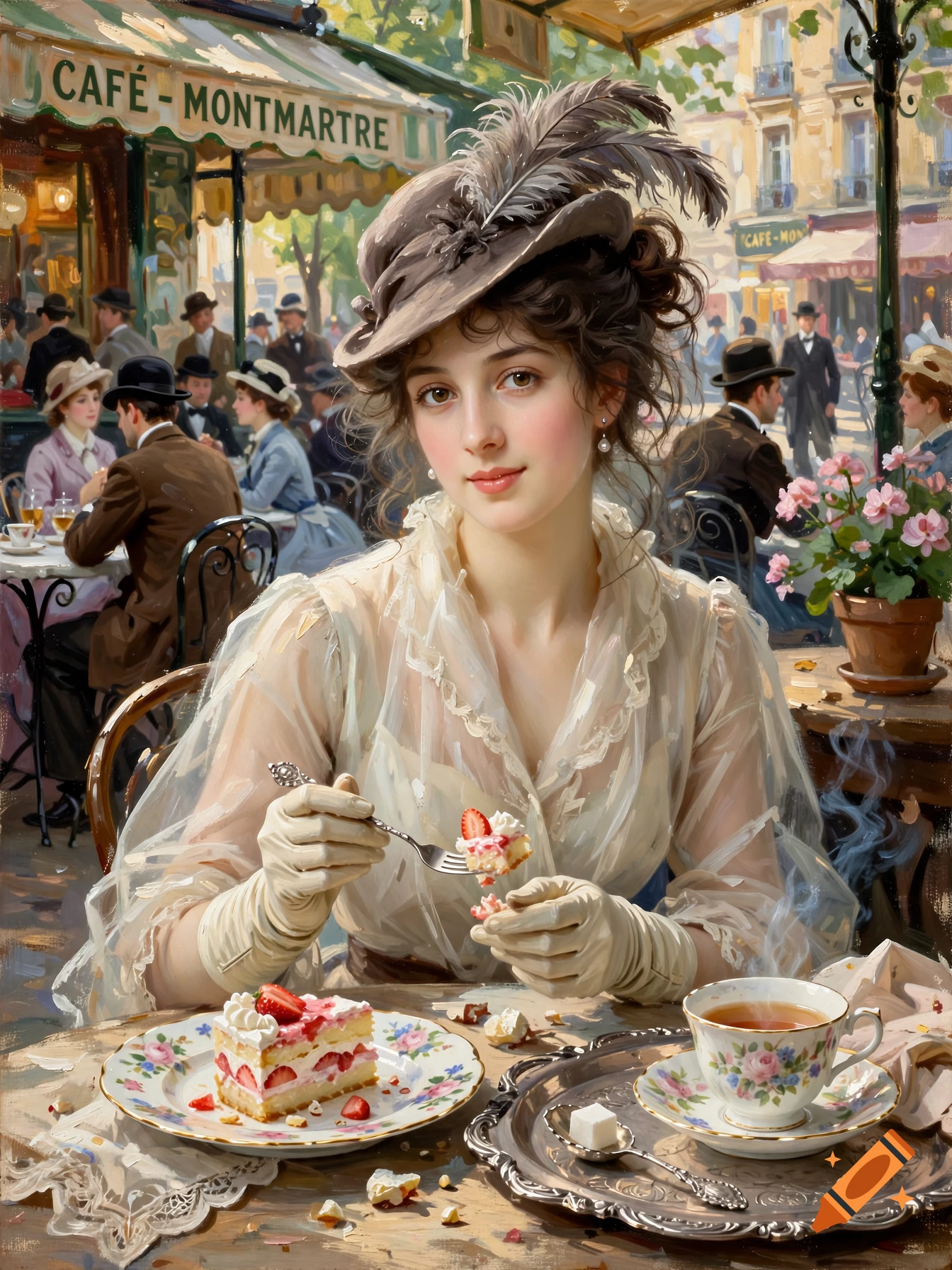 Oil painting of a young woman in 1890s attire eating strawberry cake at a Parisian cafe.