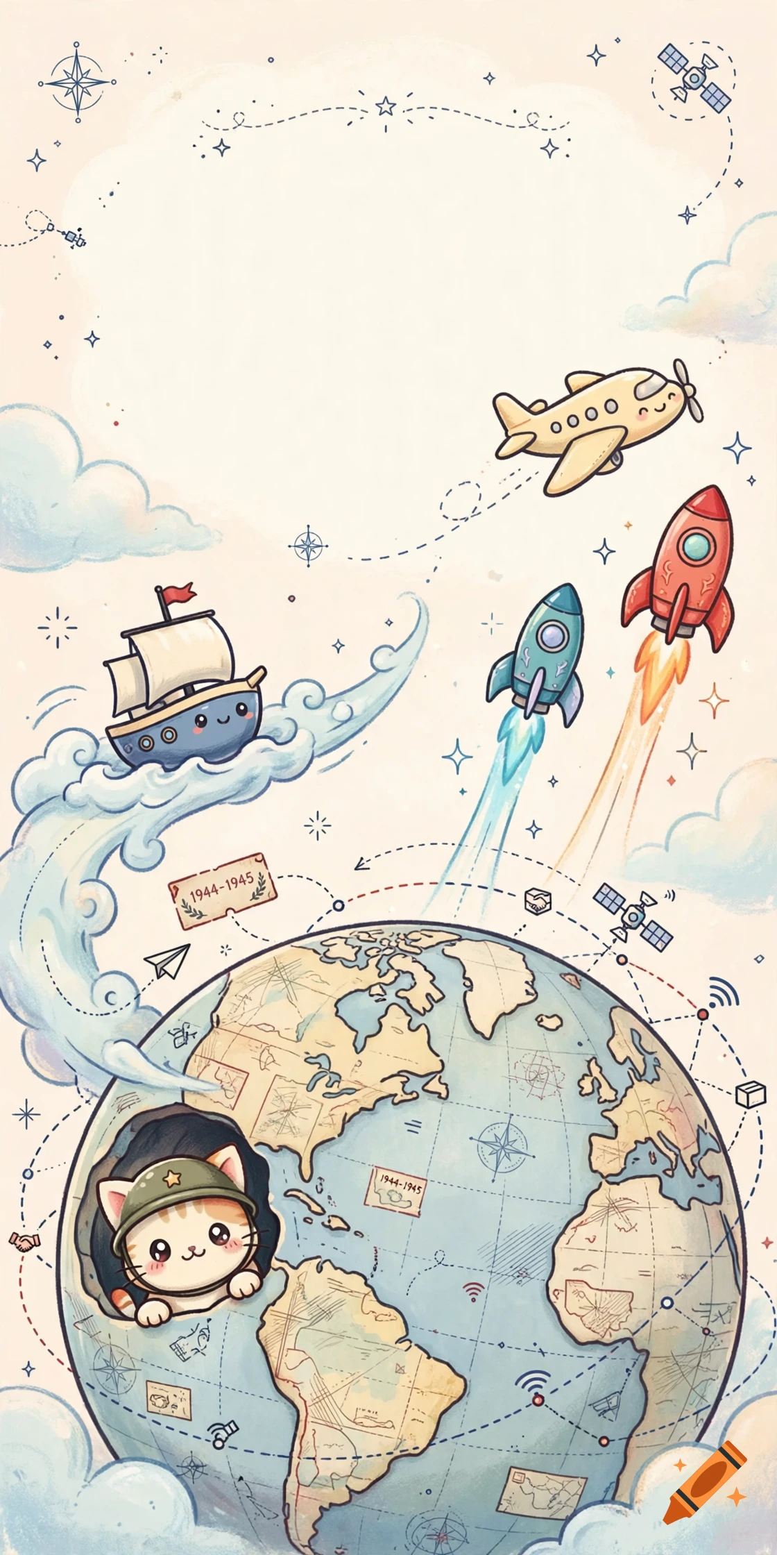 Cute cartoon illustration of a cat in a military helmet peering out of a globe, surrounded by a ship, airplane, and rockets.