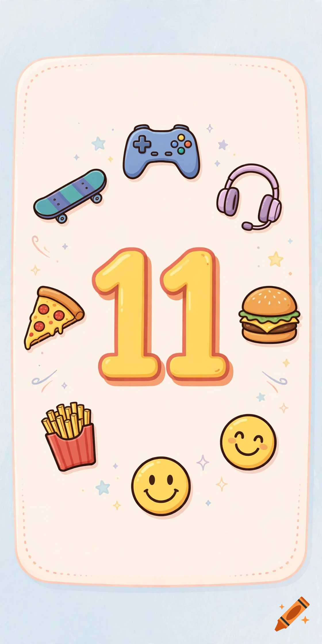 A stylized pastel greeting card with a large number 11 in the center, surrounded by cute icons including a skateboard, game controller, pizza, and smiley faces.