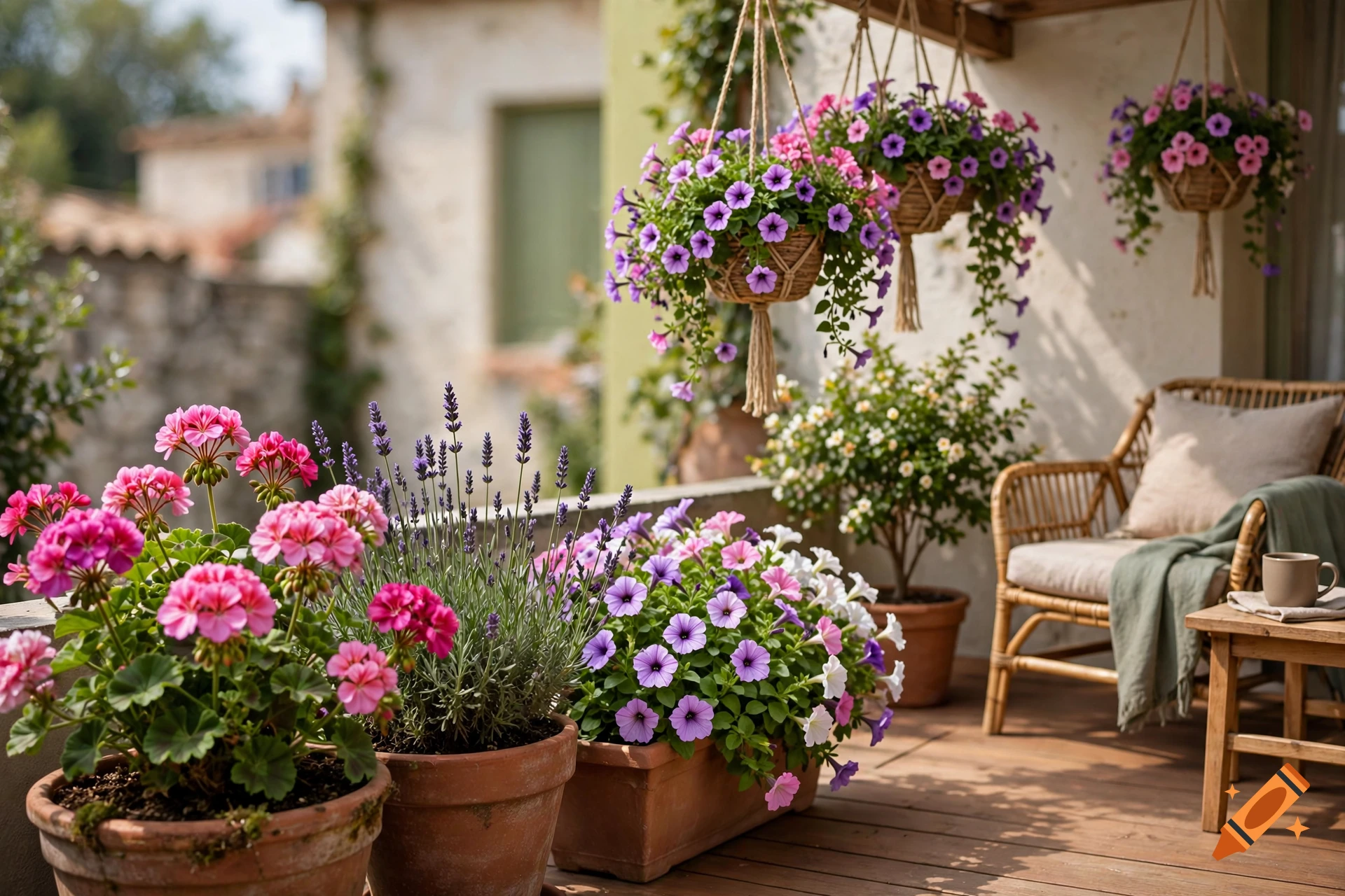 Photorealistic image of a sunny terrace decorated with colorful potted flowers, hanging baskets, and a rattan chair.