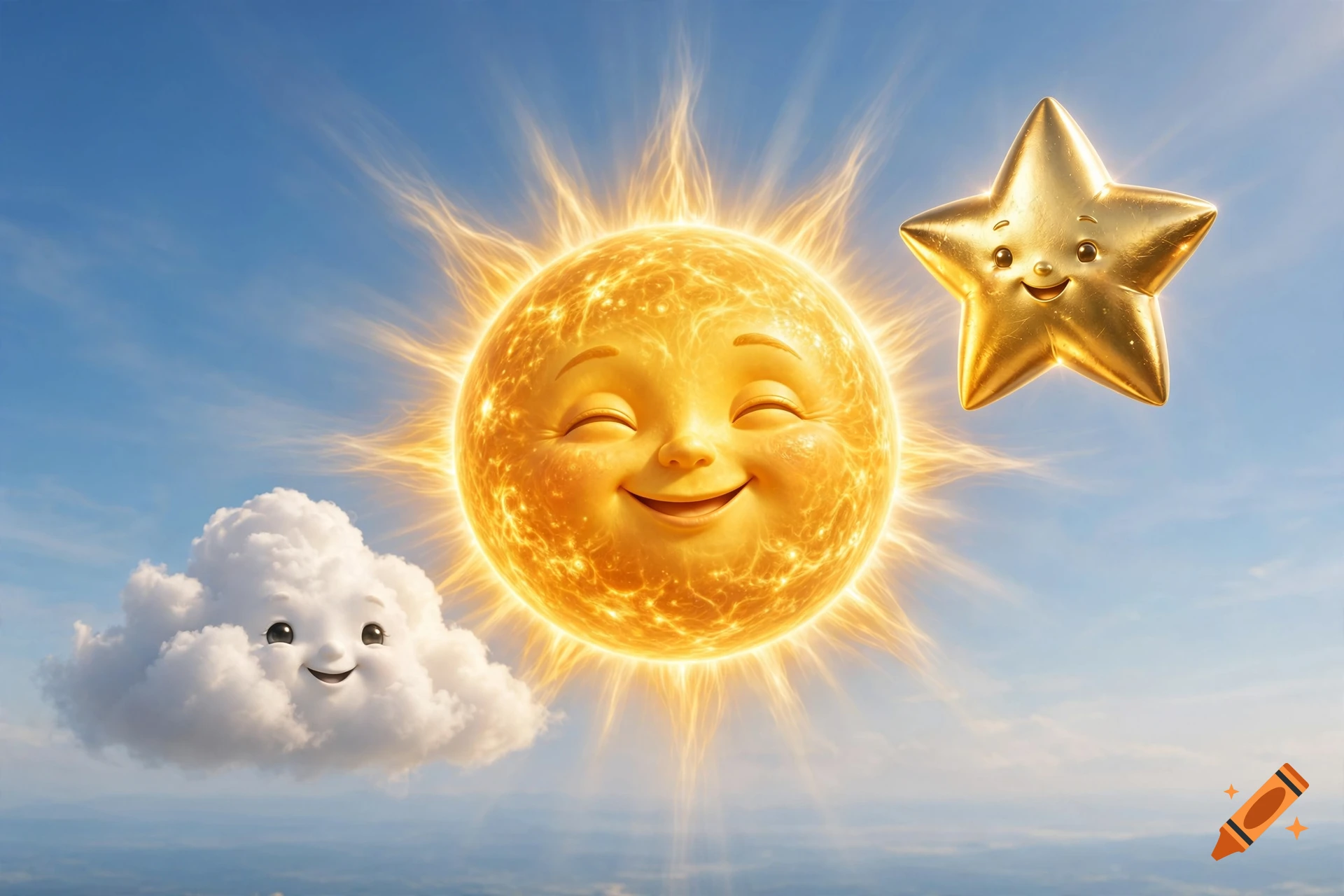 Digital illustration of a smiling sun, a fluffy cloud, and a golden star friend against a blue sky.