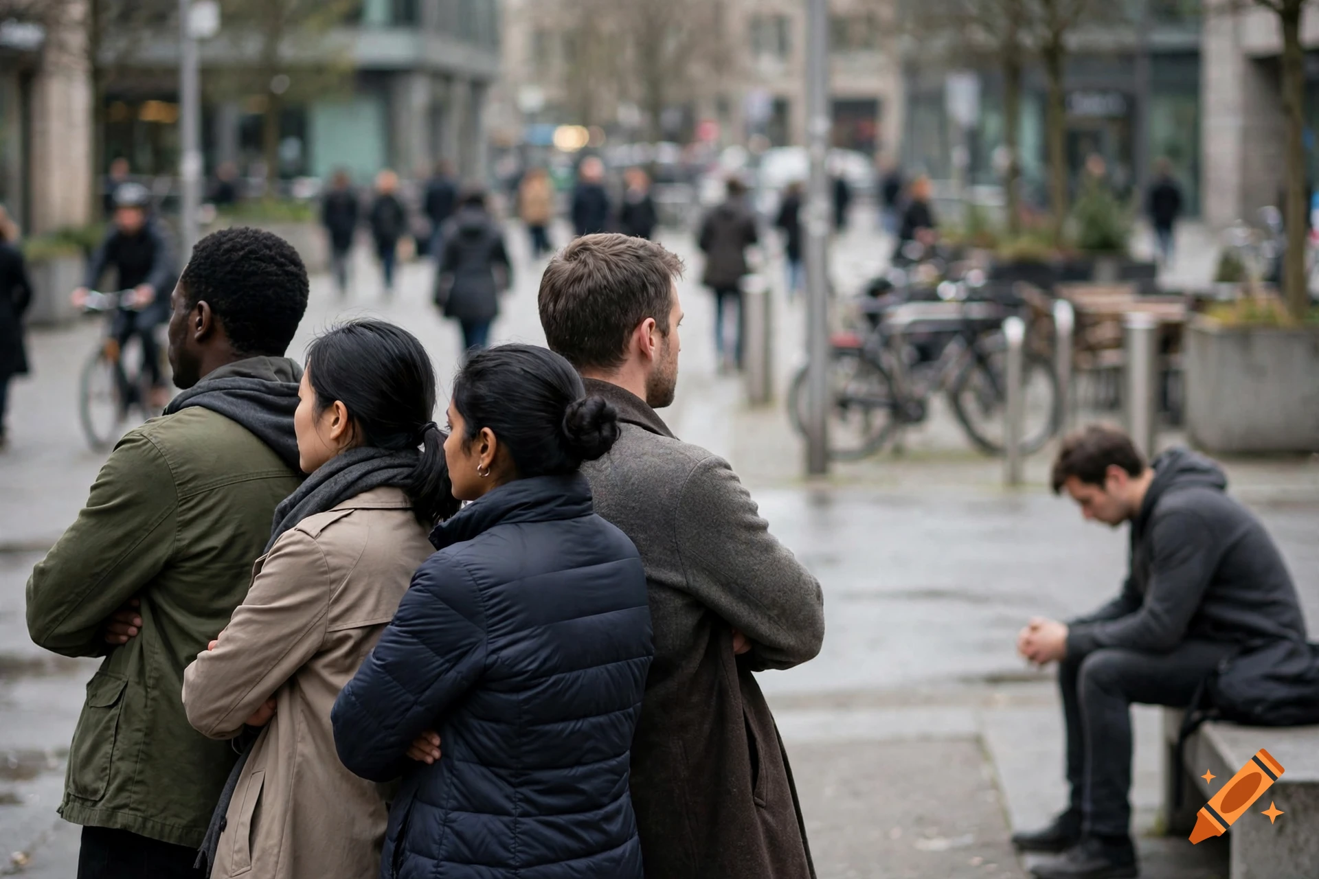 A group of four diverse people standing together with their backs turned, while a man sits alone on a bench nearby in a city street setting.