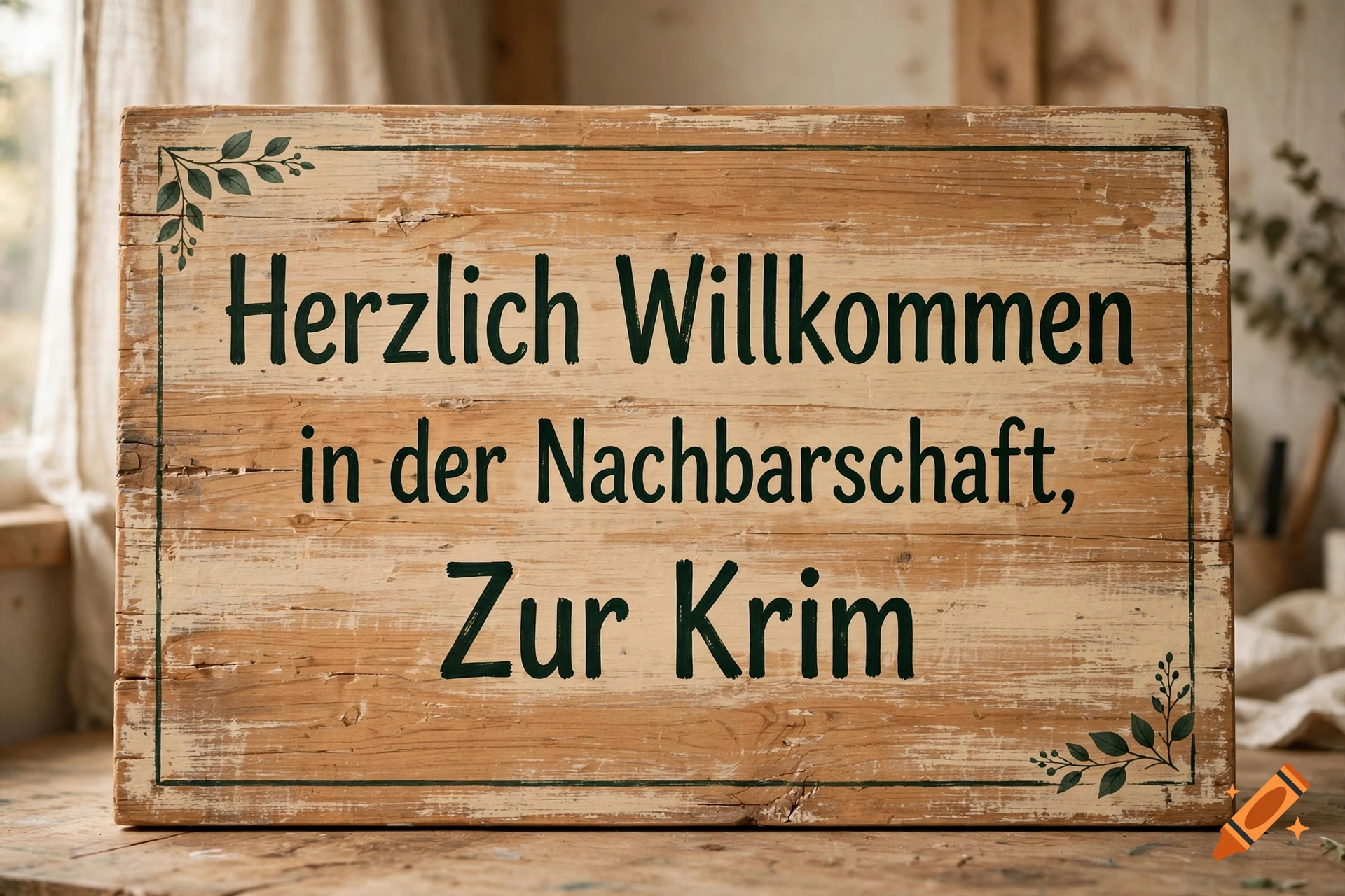 A rustic wooden sign with green painted German text saying Herzlich Willkommen in der Nachbarschaft, Zur Krim.