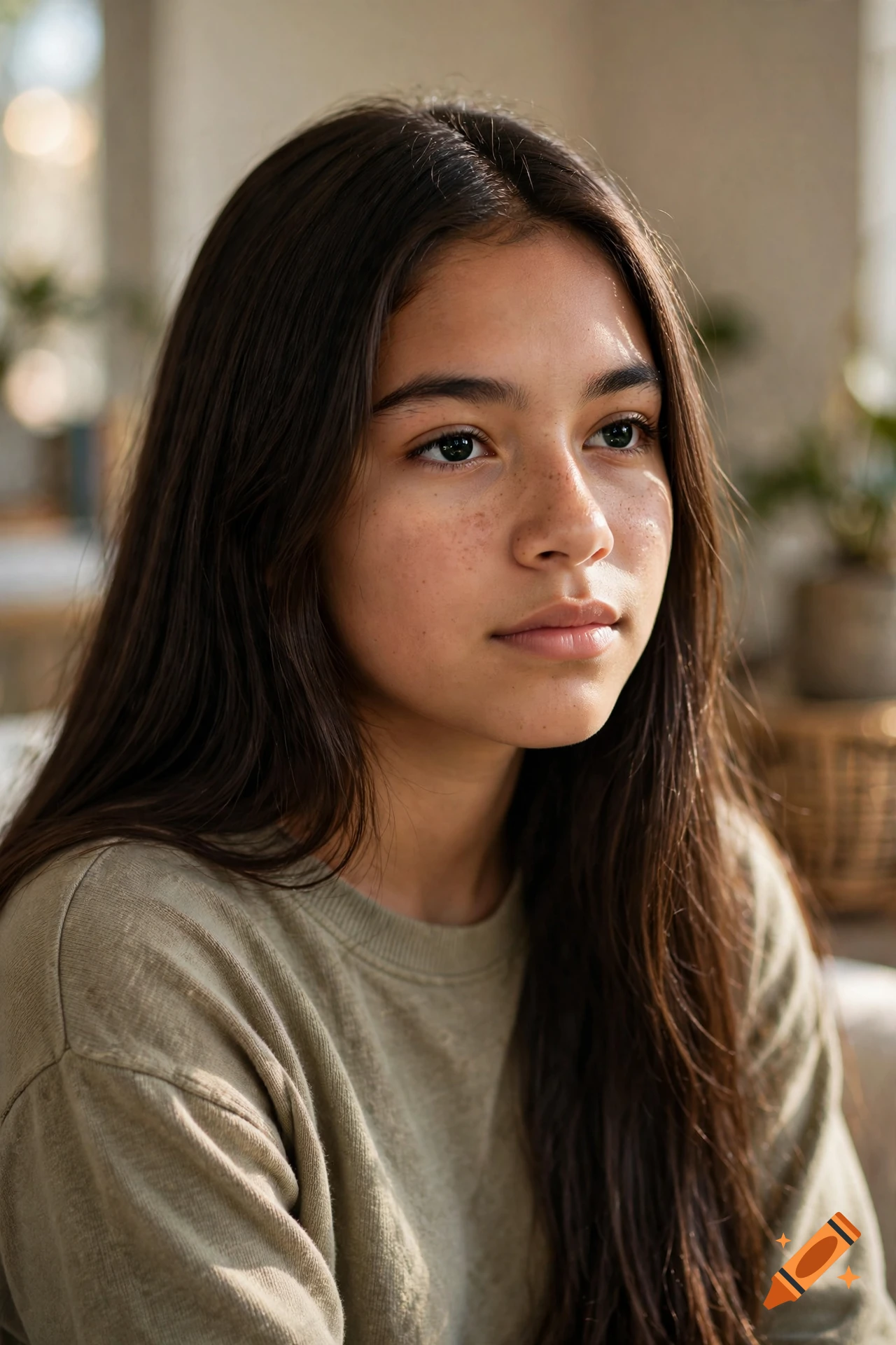 Close-up portrait of a thoughtful teenage girl with long dark hair, freckles, and dark green eyes, photorealistic style.