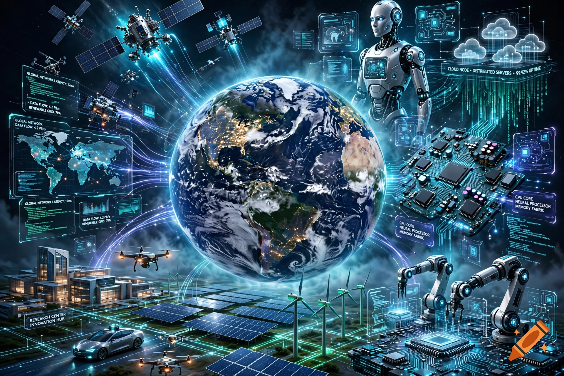 Digital illustration of the Earth surrounded by satellites, robots, circuit boards, solar panels, and glowing holographic data interfaces.