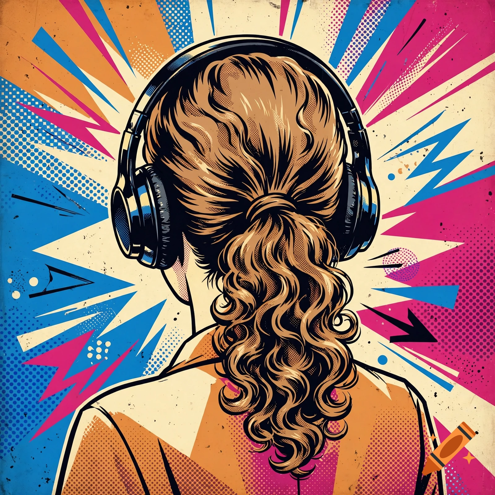 Pop art illustration from behind of a woman with curly brown hair in a ponytail wearing black headphones, against a colorful comic style background.