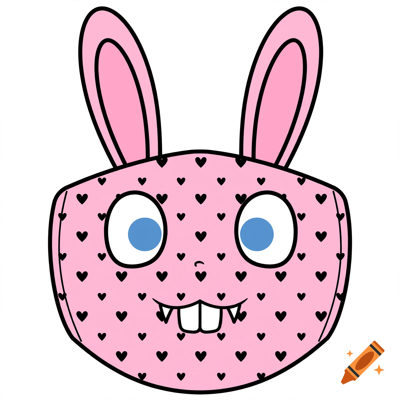 Pink bunny face mask with black hearts, big blue-pupiled eyes, and a small smile with bunny teeth in minimalist line-art style.