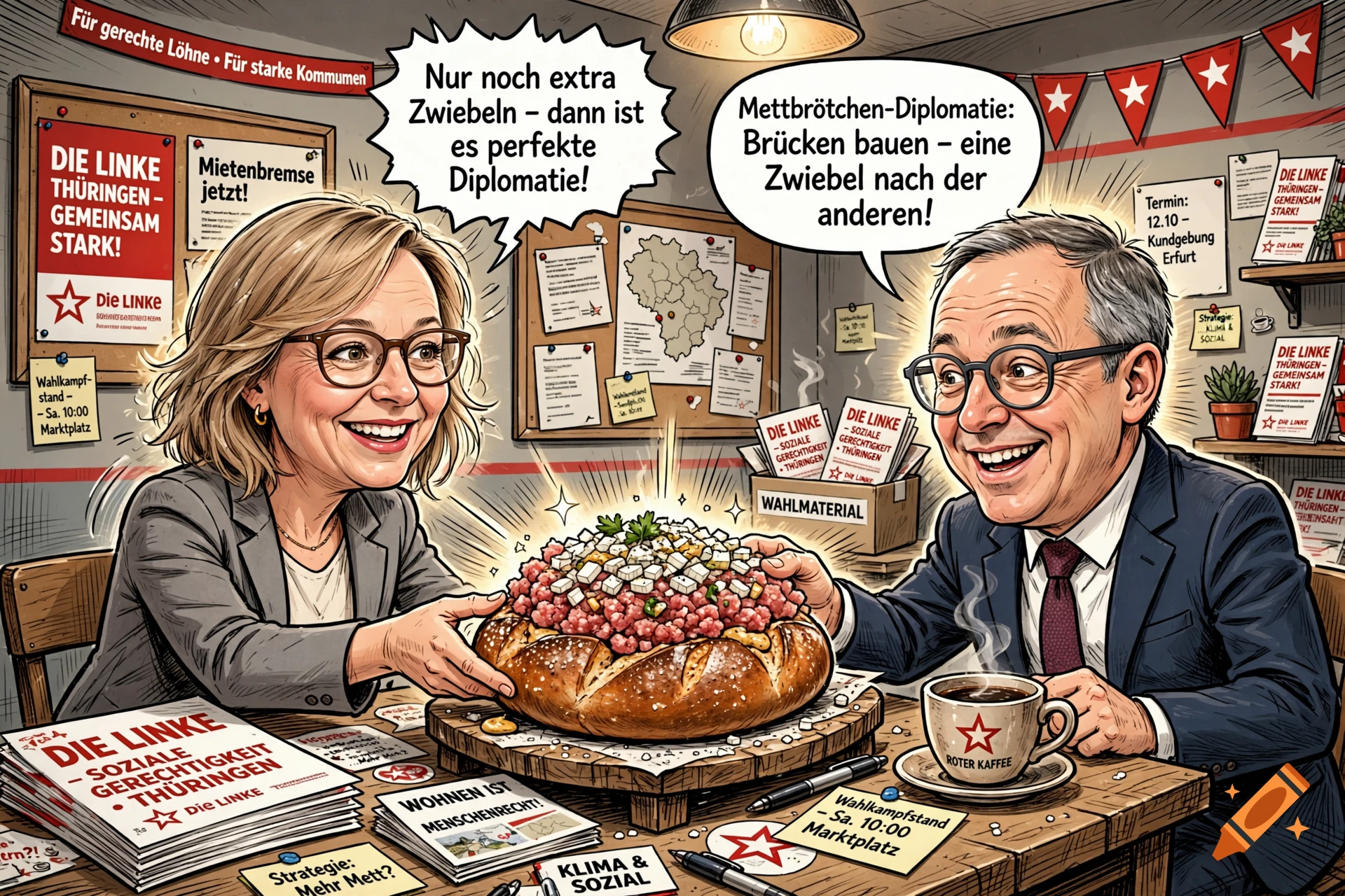 Comic style illustration of two German politicians sharing a giant Mettbrötchen in a campaign office.