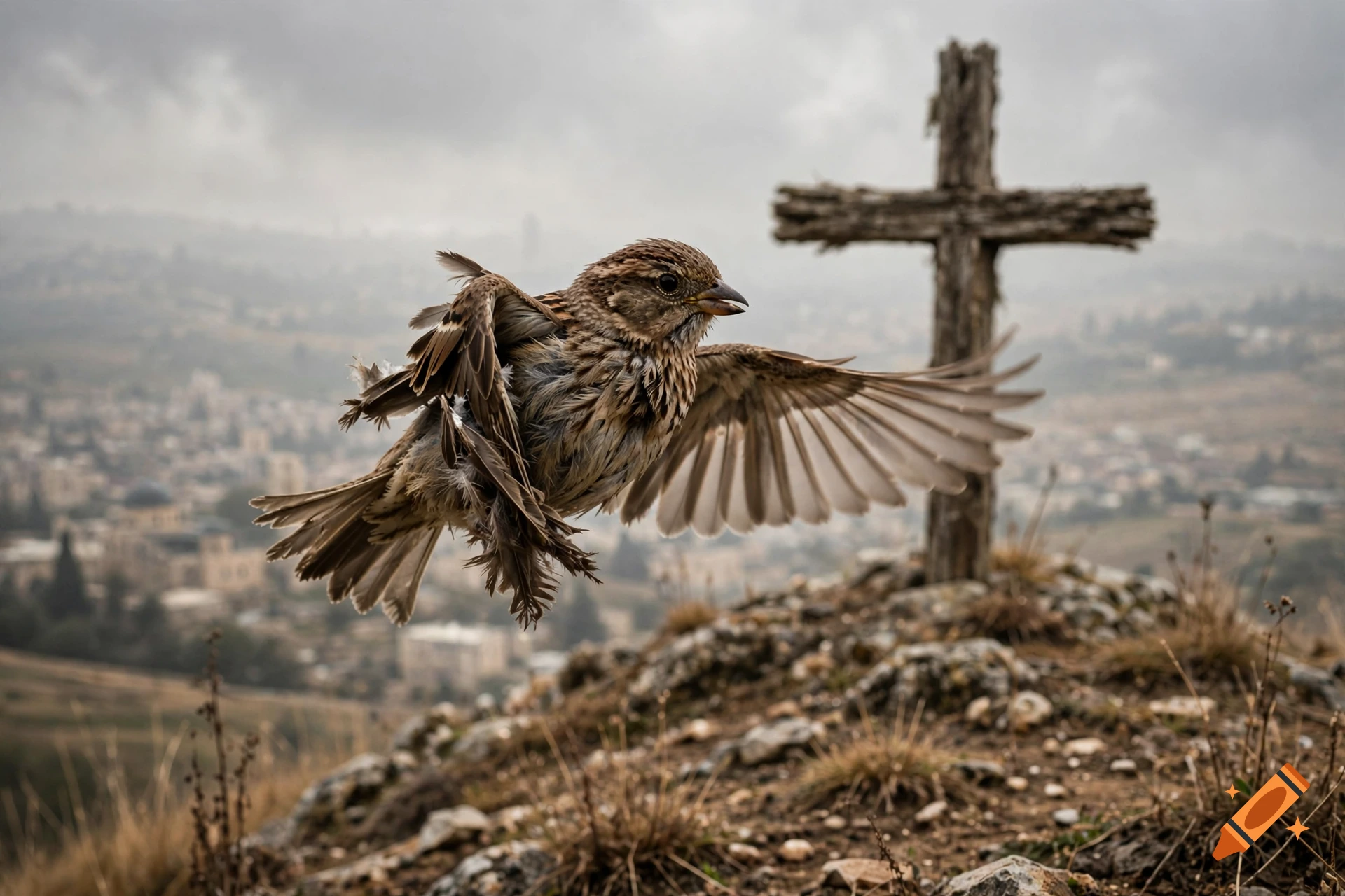 Photorealistic image of a sparrow with a broken wing flying in front of a wooden cross on a hilltop with a town in the background.