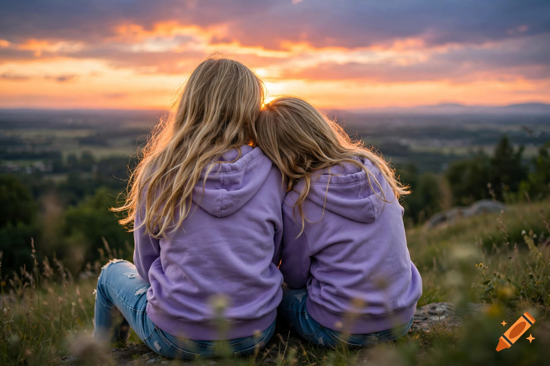 Two blonde girls in purple hoodies sitting together on a grassy hill, viewing a sunset over a valley.