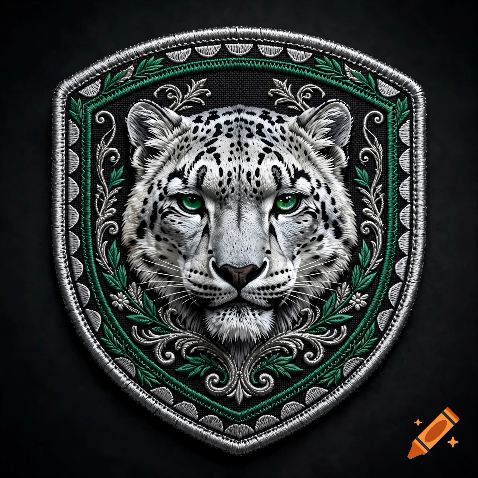 Embroidered shield patch featuring a detailed snow leopard head with green eyes against a black background.