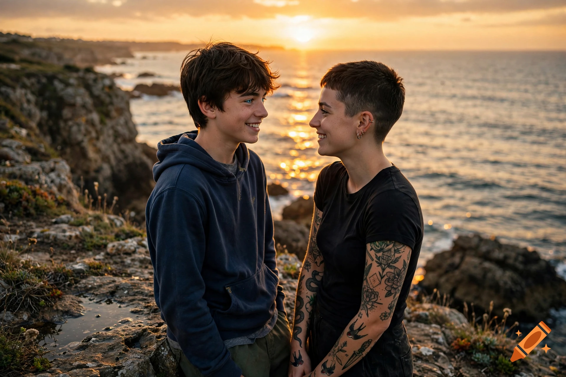 Photorealistic image of a teenage boy and a young woman smiling at each other on a cliff overlooking the sea at sunset.