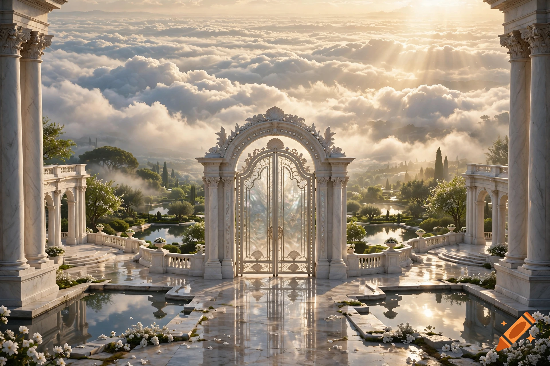 Grand white marble gates opening to a heavenly landscape with clouds, glowing sunlight, reflective pools, and manicured gardens.