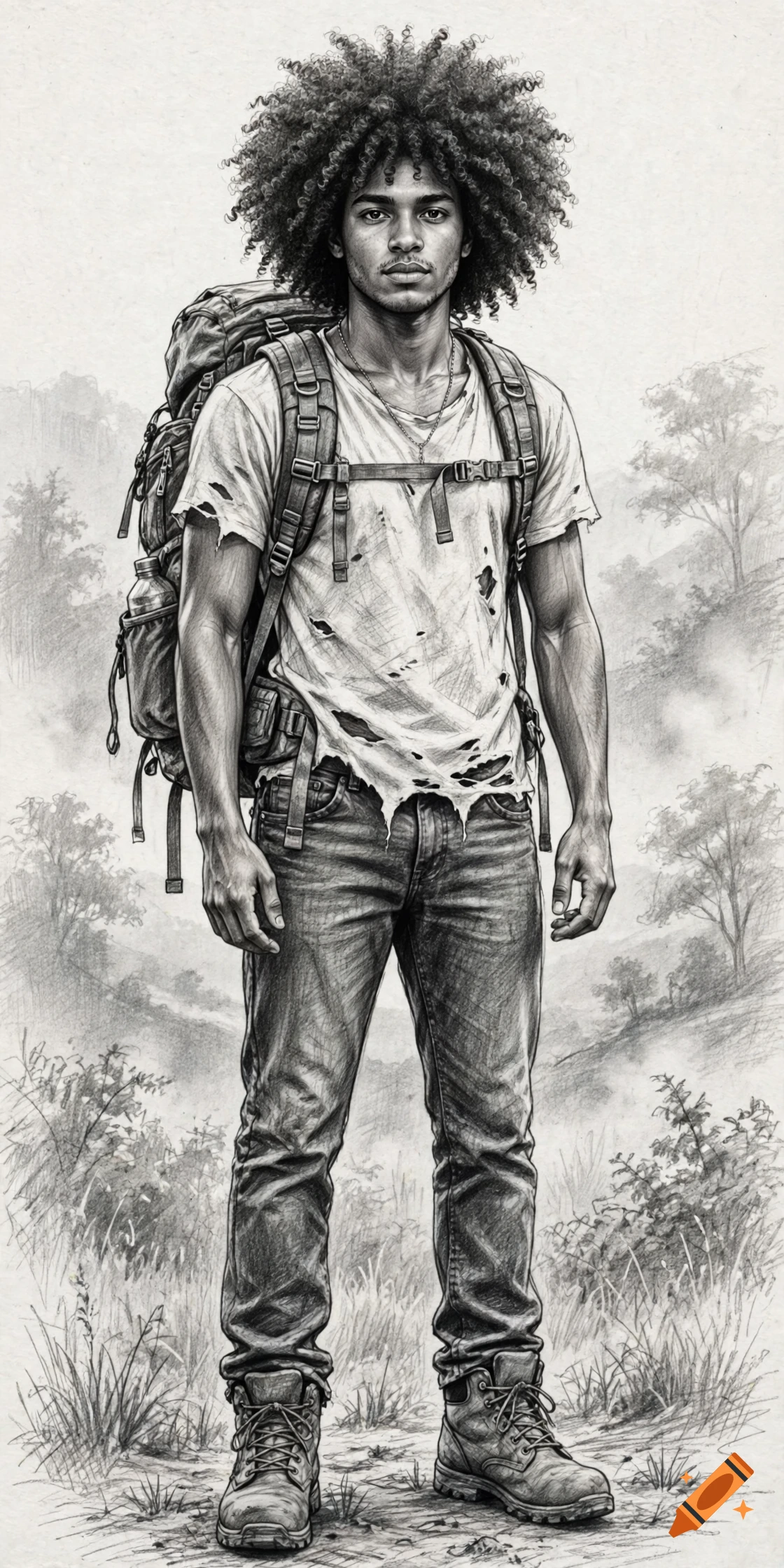 Graphite sketch of a young man with a large curly afro, wearing a torn t-shirt and hiking backpack, standing in a hazy landscape.