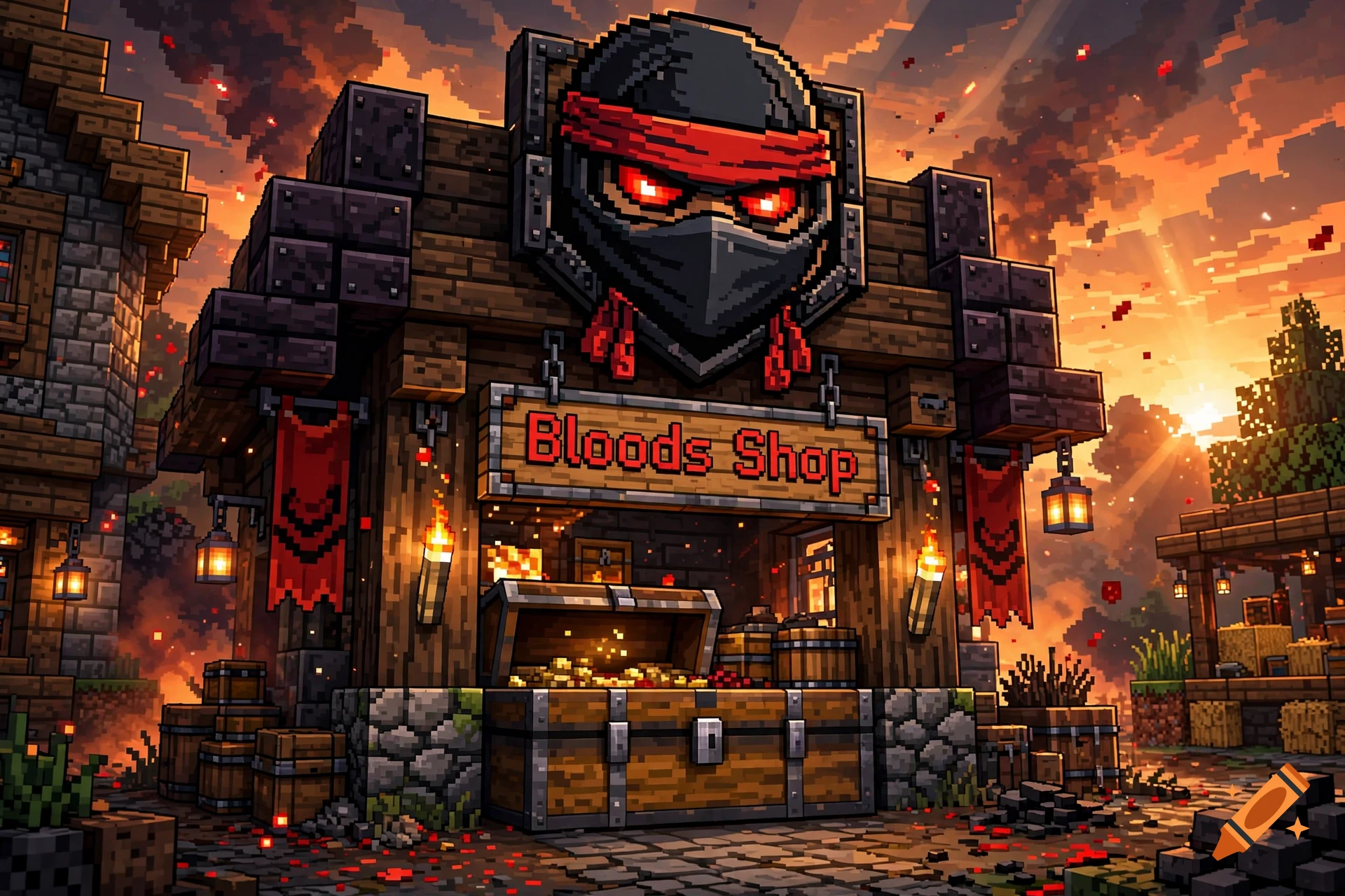 Pixel art style minecraft chest shop named Bloods Shop with a black ninja head and red bandana, set at sunset.