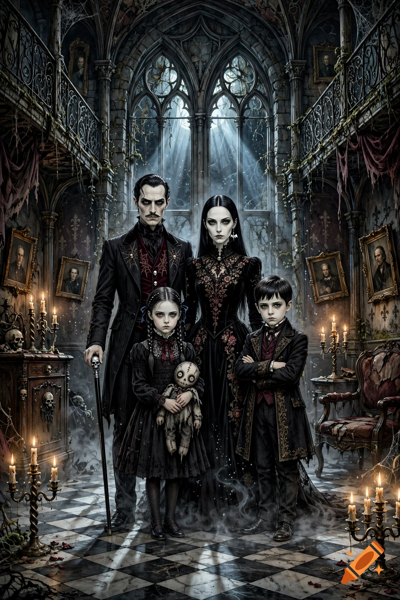 Gothic family portrait of four standing in a haunted mansion, cinematic digital art style.