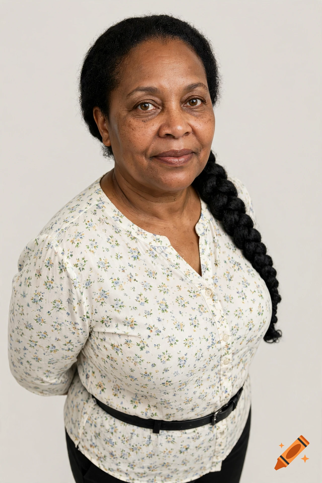 Photorealistic portrait of a middle-aged woman with dark braided hair and a floral blouse against a neutral background.