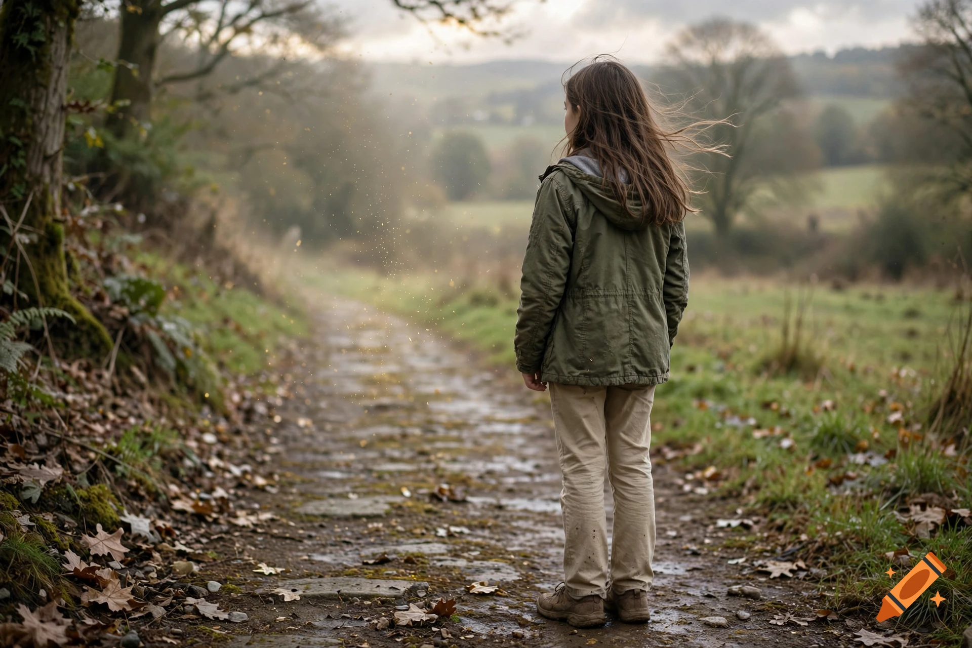 Photorealistic shot of a 14-year-old girl with brown hair standing on a muddy path in a countryside landscape, looking away from the camera.